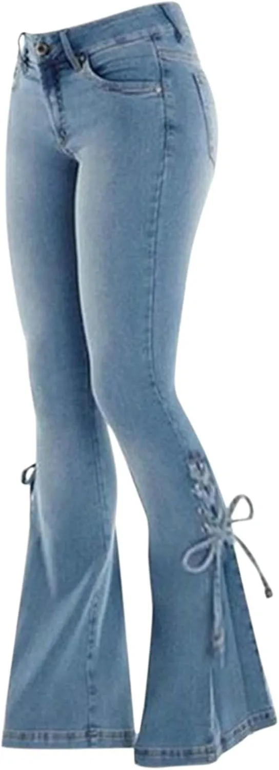 Womens Casual Straight Leg Jeans Classic Stretch Wide Leg Jeans Casual Pull On Ripped Boyfriend Jeans