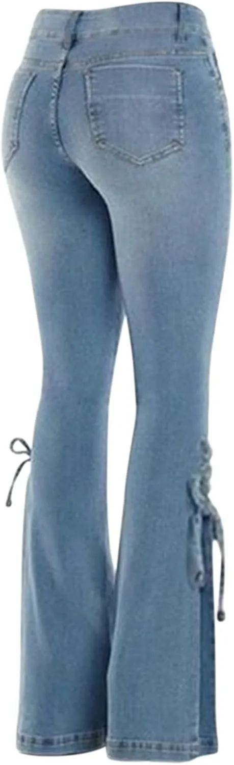 Womens Casual Straight Leg Jeans Classic Stretch Wide Leg Jeans Casual Pull On Ripped Boyfriend Jeans