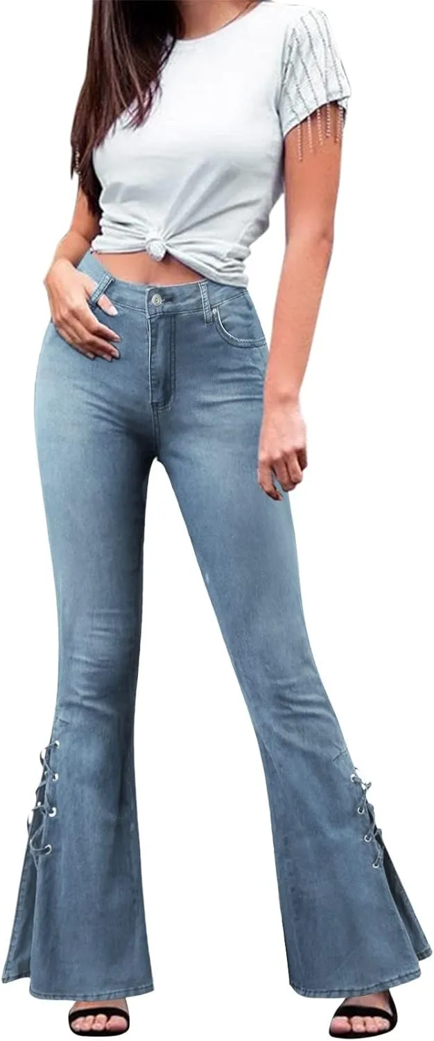Womens Casual Straight Leg Jeans Classic Stretch Wide Leg Jeans Casual Pull On Ripped Boyfriend Jeans