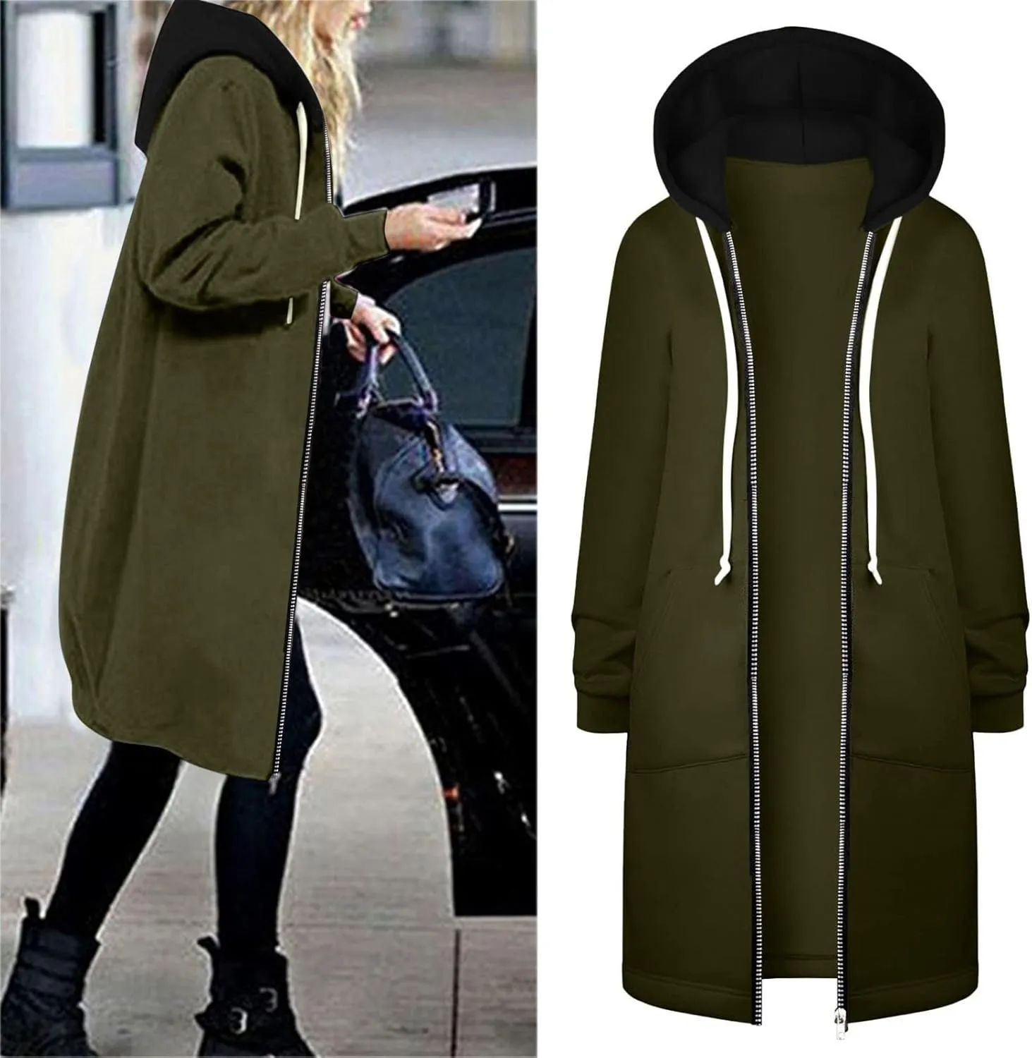 Womens Classic Coat Pocket Zipper Hoodies Sweatshirt Long Solid Color Coat Jacket Causal Fashion Top Casual Notch