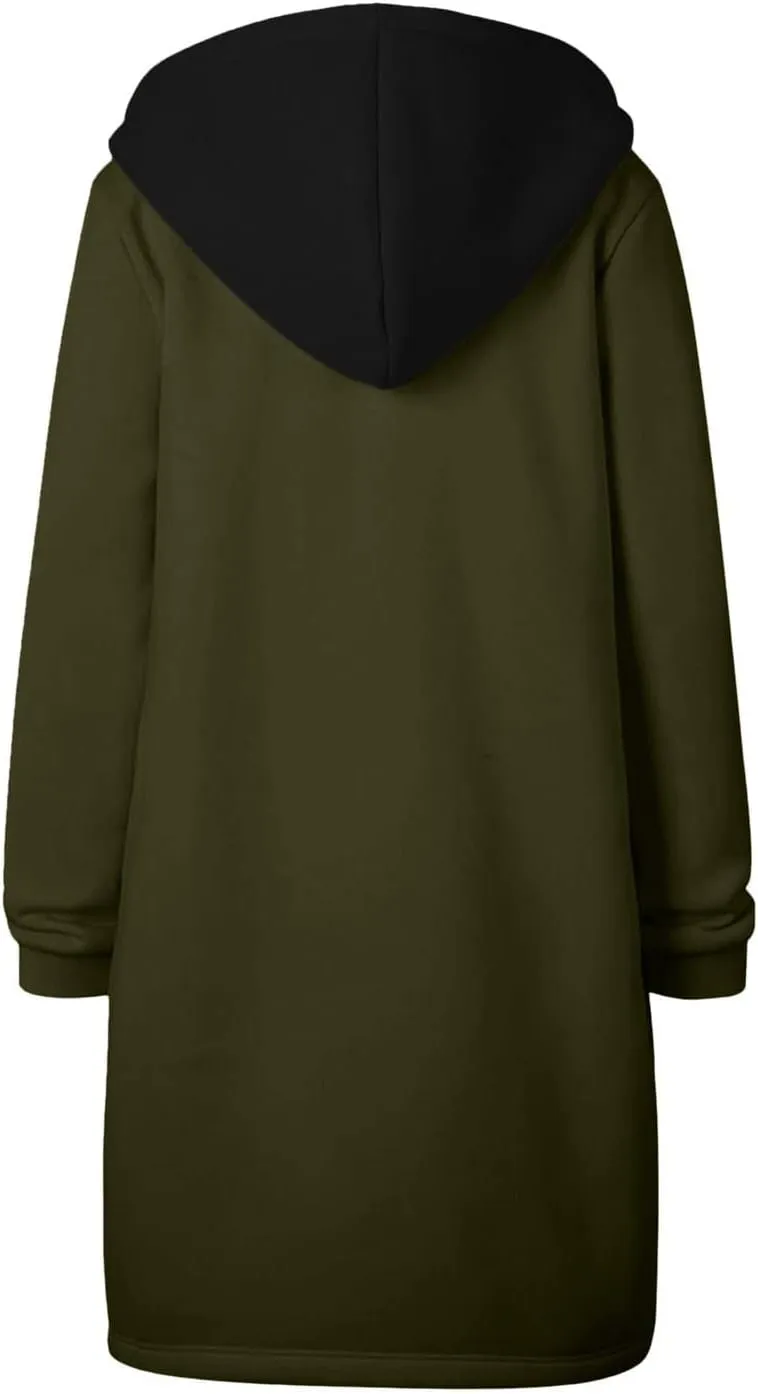 Womens Classic Coat Pocket Zipper Hoodies Sweatshirt Long Solid Color Coat Jacket Causal Fashion Top Casual Notch