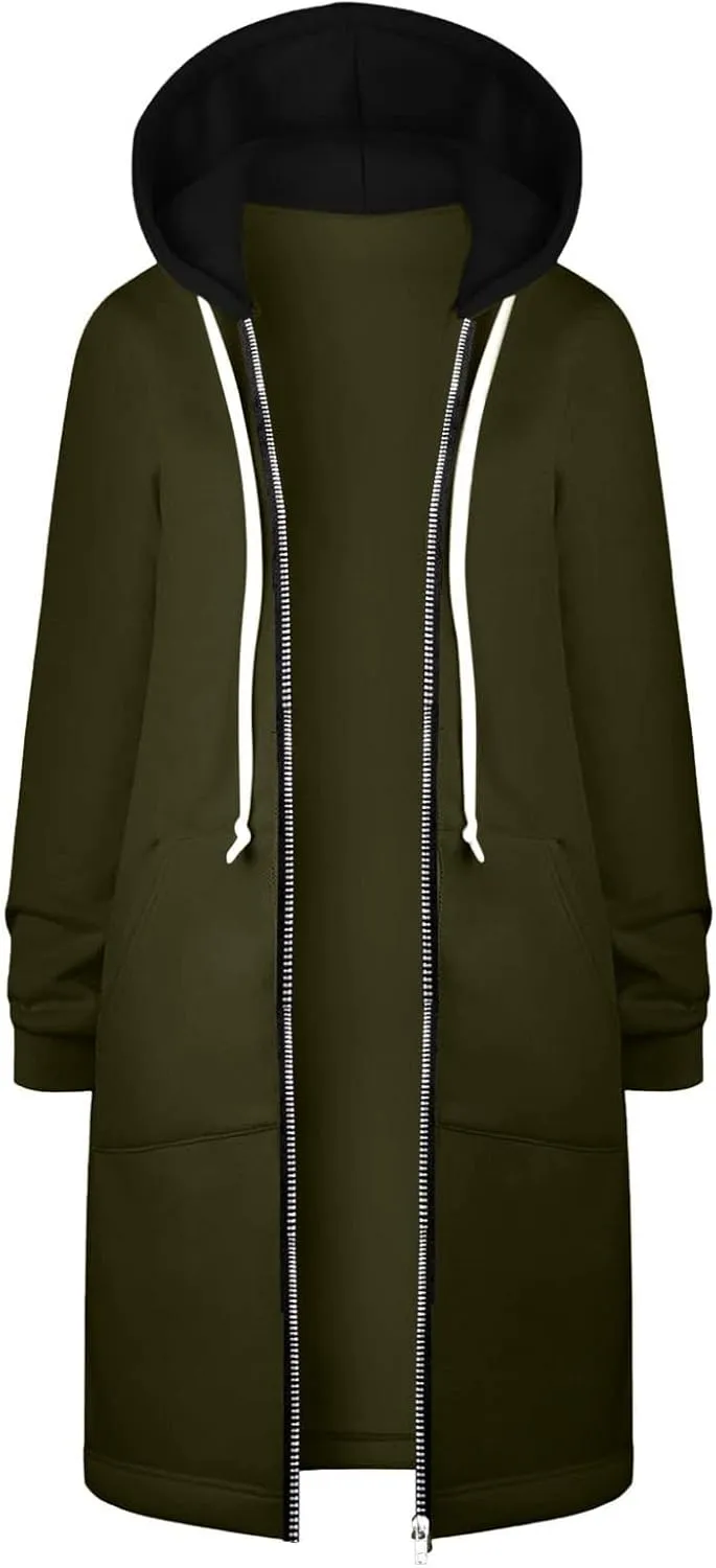 Womens Classic Coat Pocket Zipper Hoodies Sweatshirt Long Solid Color Coat Jacket Causal Fashion Top Casual Notch