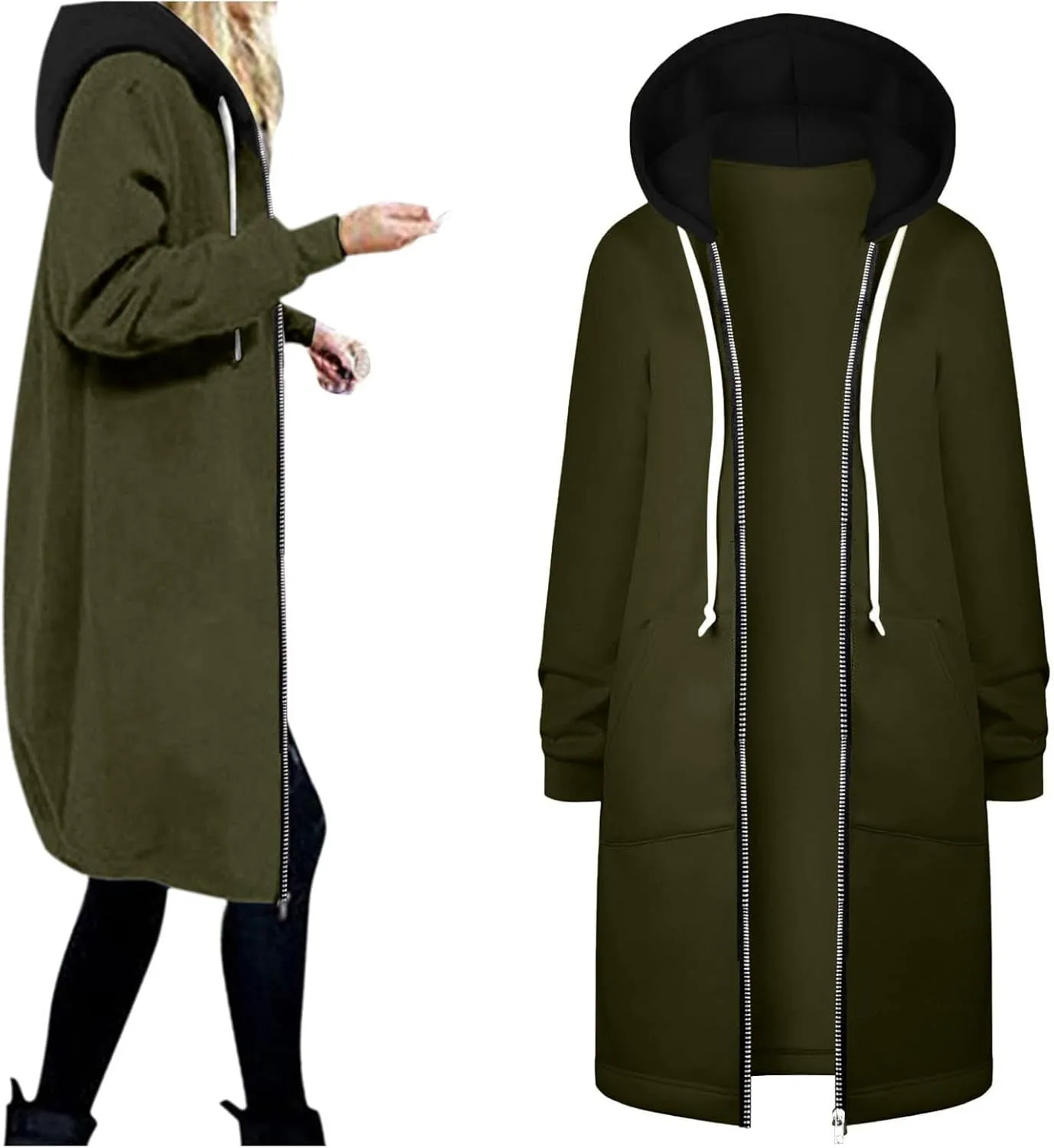 Womens Classic Coat Pocket Zipper Hoodies Sweatshirt Long Solid Color Coat Jacket Causal Fashion Top Casual Notch