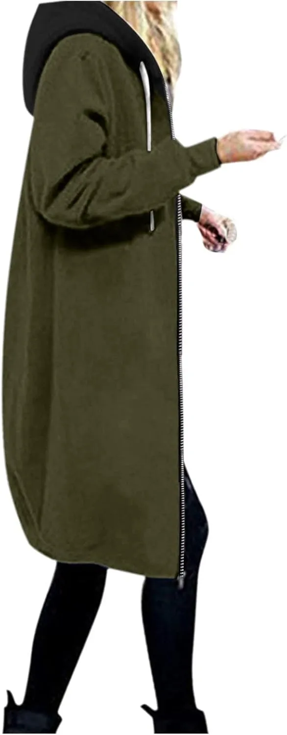 Womens Classic Coat Pocket Zipper Hoodies Sweatshirt Long Solid Color Coat Jacket Causal Fashion Top Casual Notch