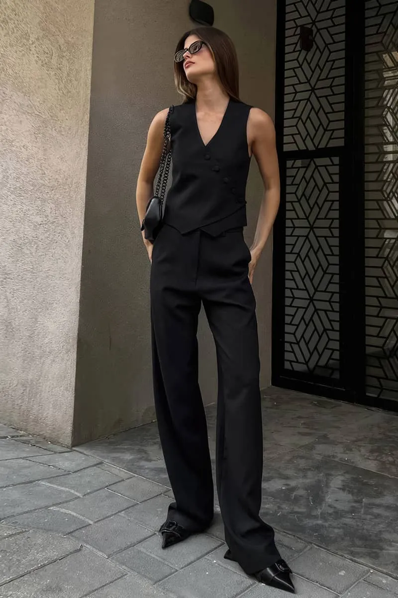 Women's Cotton and Linen Vest and Wide-Leg Pants Two-Piece Set