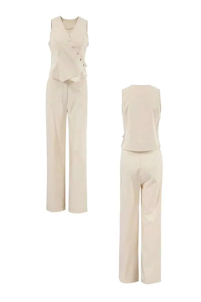 Women's Cotton and Linen Vest and Wide-Leg Pants Two-Piece Set