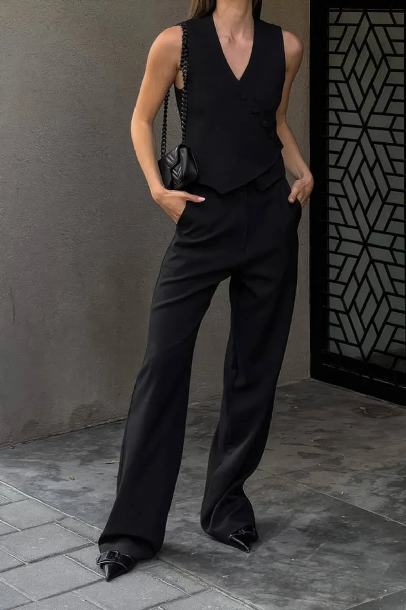 Women's Cotton and Linen Vest and Wide-Leg Pants Two-Piece Set