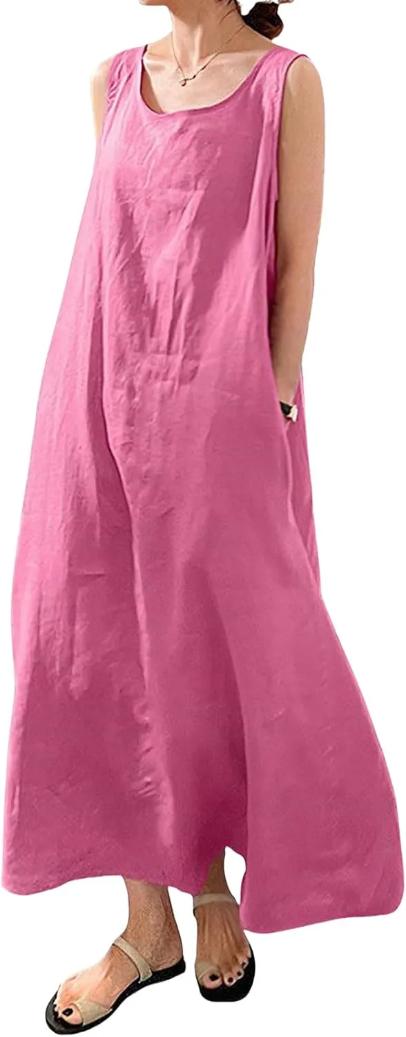 Women's Cotton Linen Dress Summer Midi Dresses with Pockets Beach Sleeveless Round Neck Tank Loose Long Dresses Dress