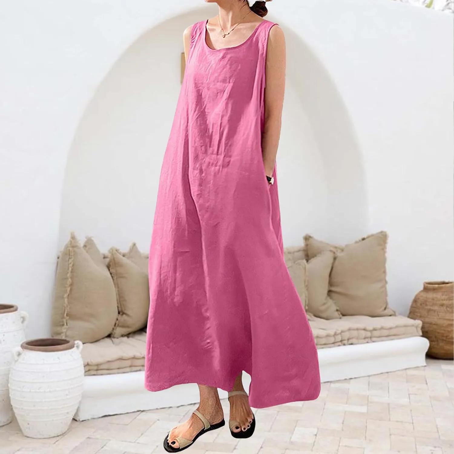 Women's Cotton Linen Dress Summer Midi Dresses with Pockets Beach Sleeveless Round Neck Tank Loose Long Dresses Dress