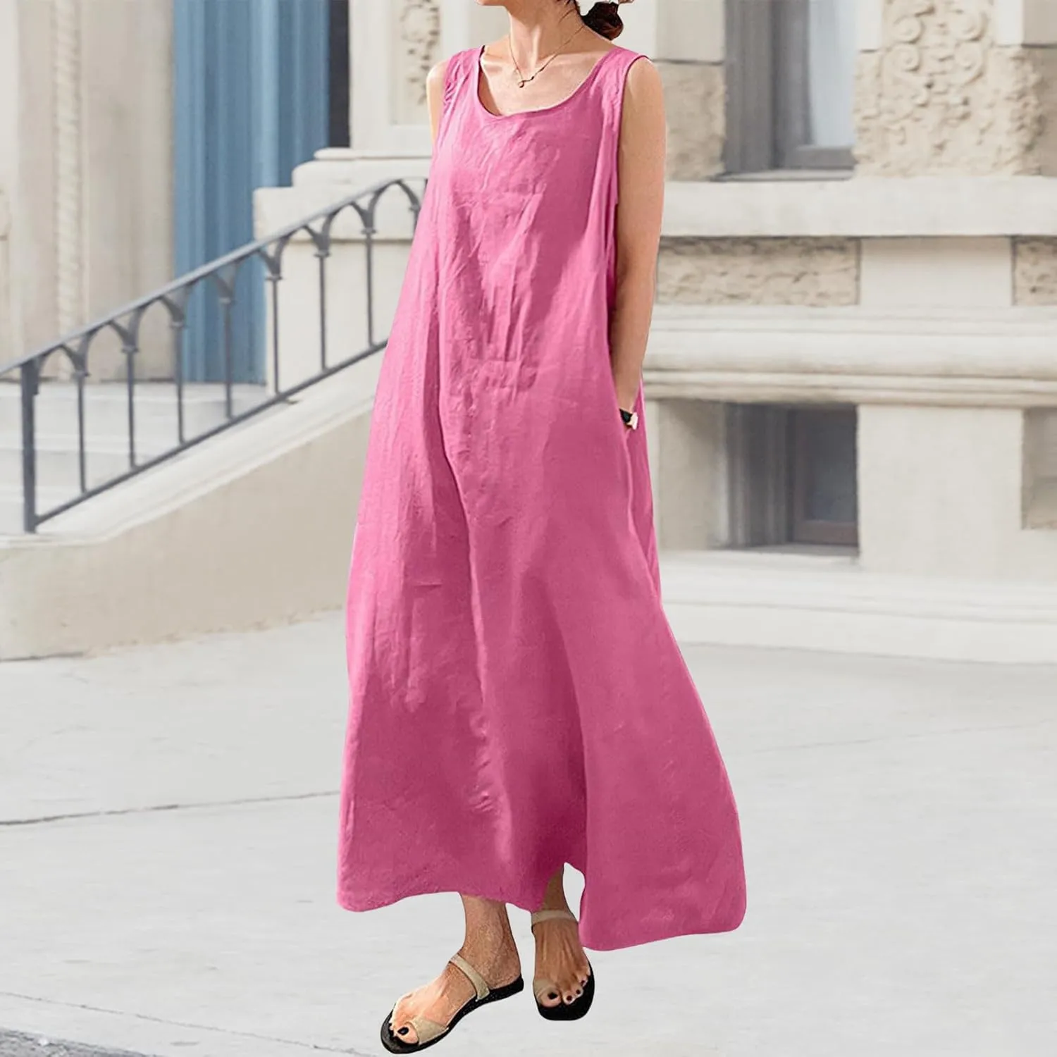 Women's Cotton Linen Dress Summer Midi Dresses with Pockets Beach Sleeveless Round Neck Tank Loose Long Dresses Dress