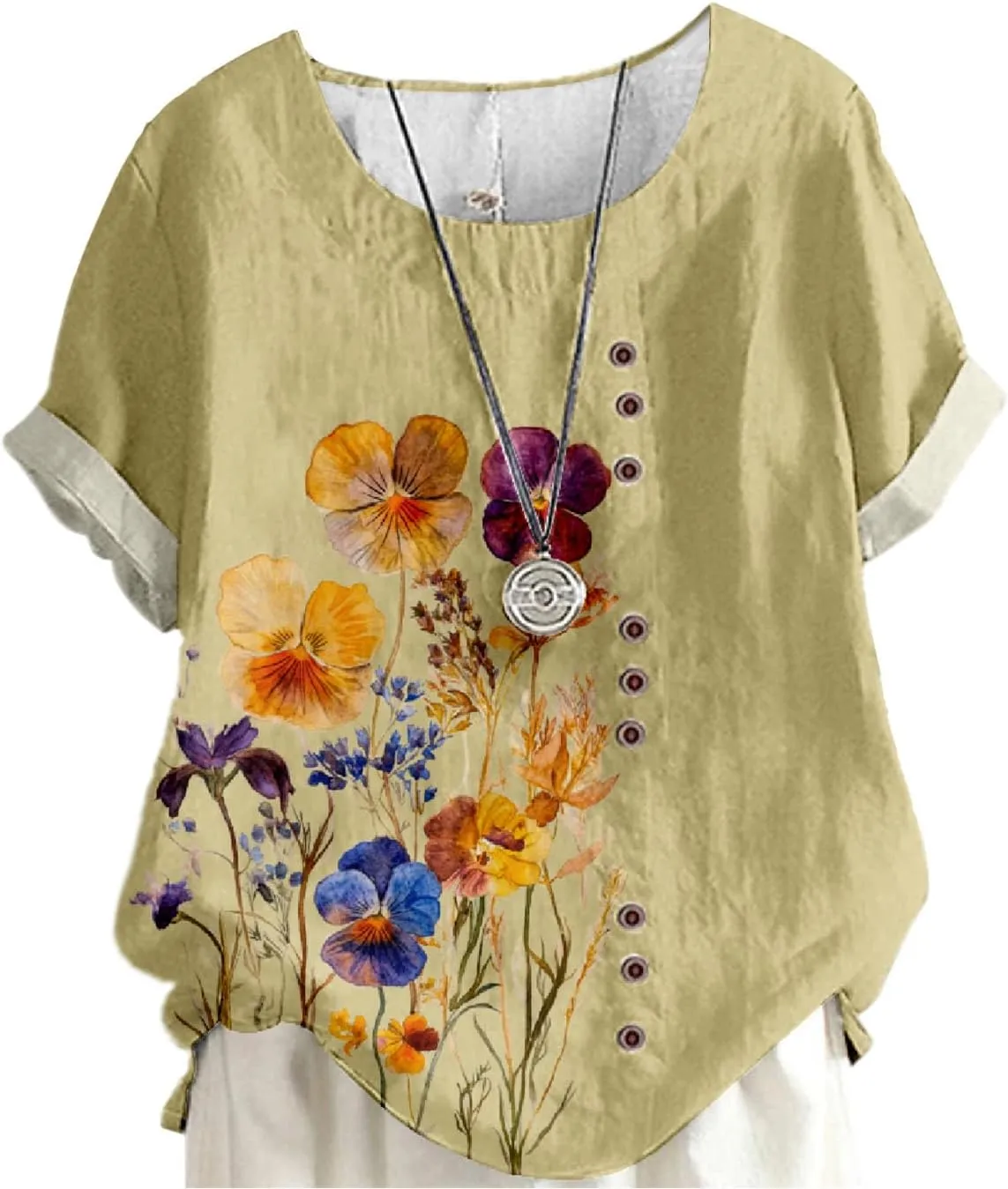 Women's Cotton Linen Tops Ladies Button Boho Floral Printed Crewneck Short Sleeve Shirts Summer Vacation Blouse