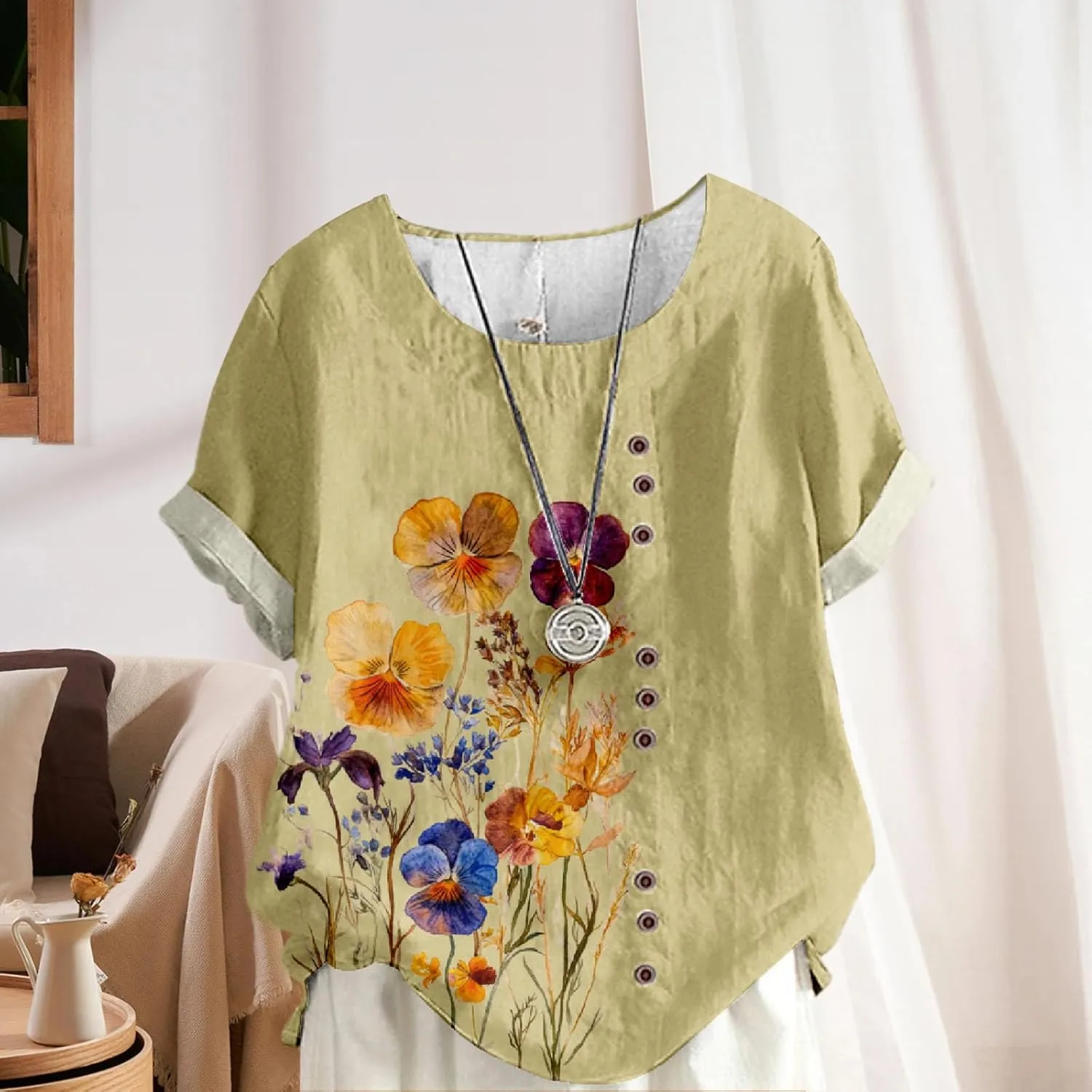 Women's Cotton Linen Tops Ladies Button Boho Floral Printed Crewneck Short Sleeve Shirts Summer Vacation Blouse