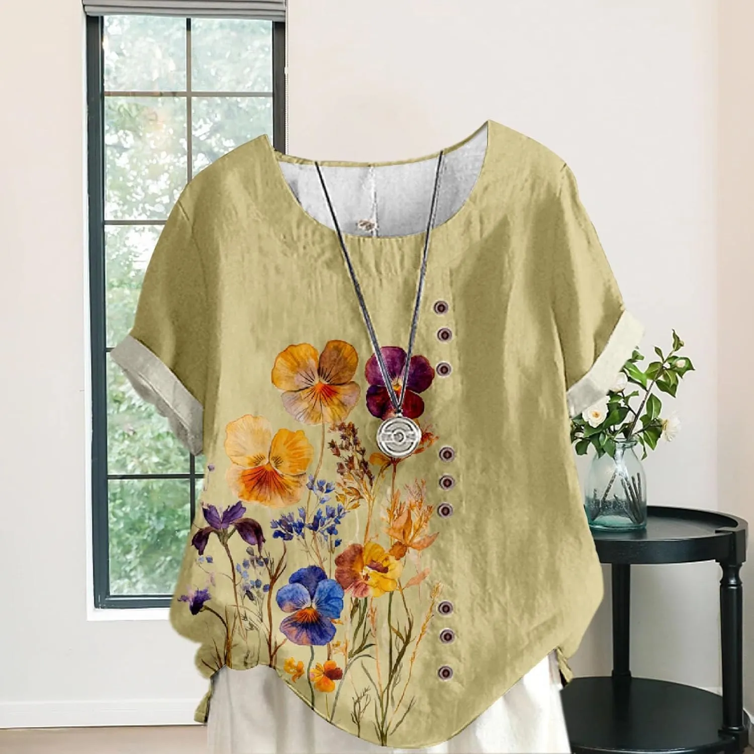 Women's Cotton Linen Tops Ladies Button Boho Floral Printed Crewneck Short Sleeve Shirts Summer Vacation Blouse