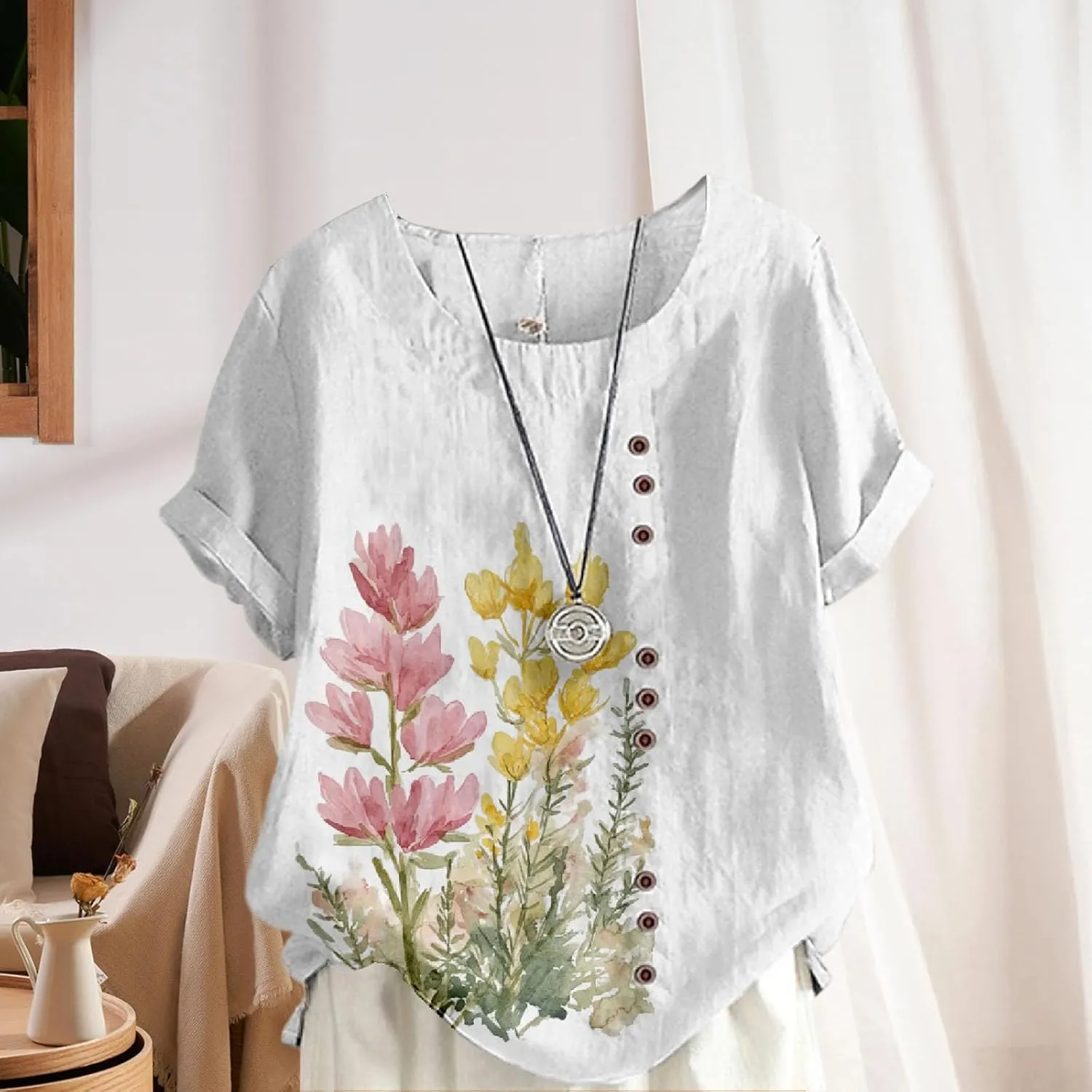 Women's Cotton Linen Tops Ladies Button Boho Floral Printed Crewneck Short Sleeve Shirts Summer Vacation Blouse