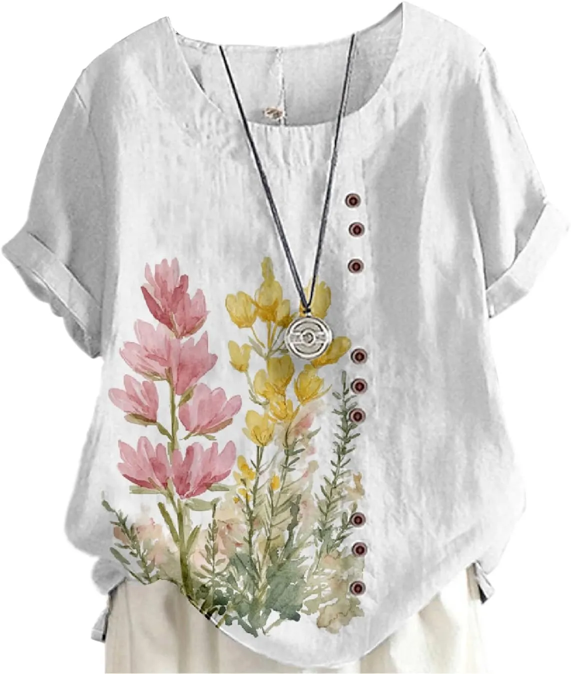 Women's Cotton Linen Tops Ladies Button Boho Floral Printed Crewneck Short Sleeve Shirts Summer Vacation Blouse