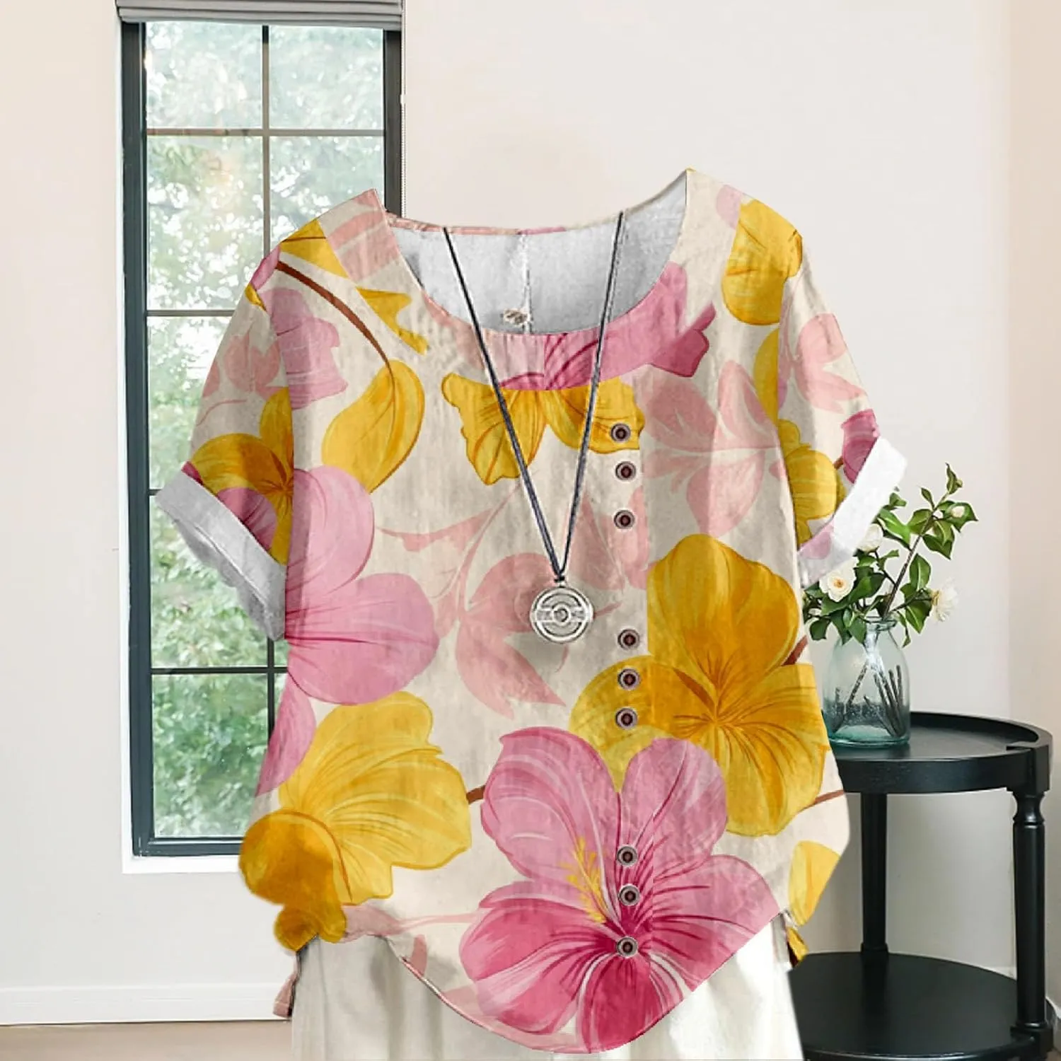 Women's Cotton Linen Tops Ladies Button Boho Floral Printed Crewneck Short Sleeve Shirts Summer Vacation Blouse