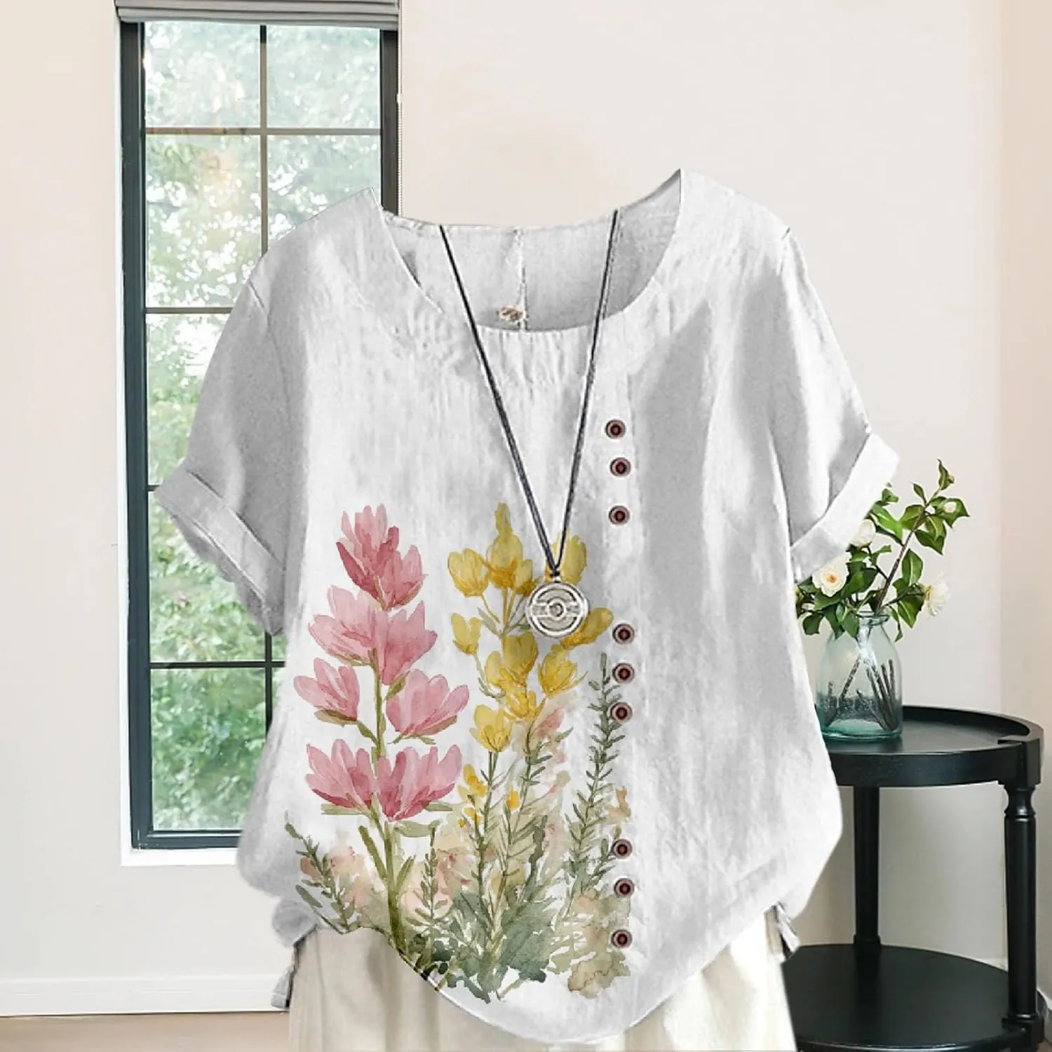 Women's Cotton Linen Tops Ladies Button Boho Floral Printed Crewneck Short Sleeve Shirts Summer Vacation Blouse
