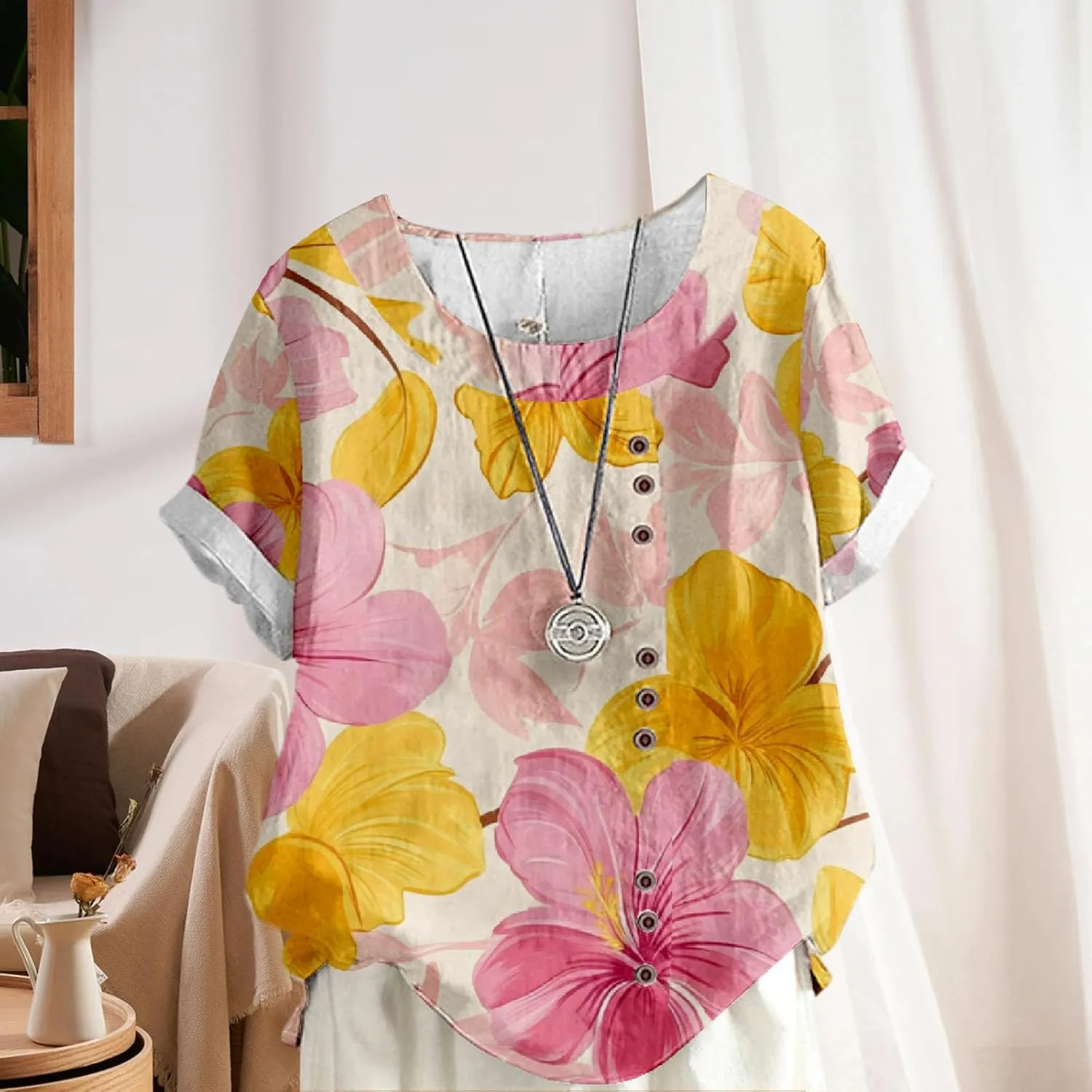 Women's Cotton Linen Tops Ladies Button Boho Floral Printed Crewneck Short Sleeve Shirts Summer Vacation Blouse