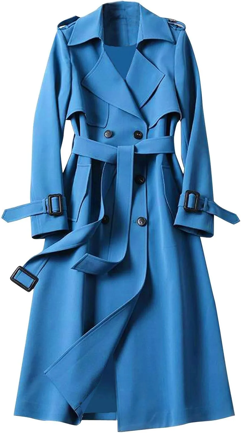 Women's Double Breasted Long Trench Coat Belted Notch Lapel Overcoat Windproof Classic Outerwear