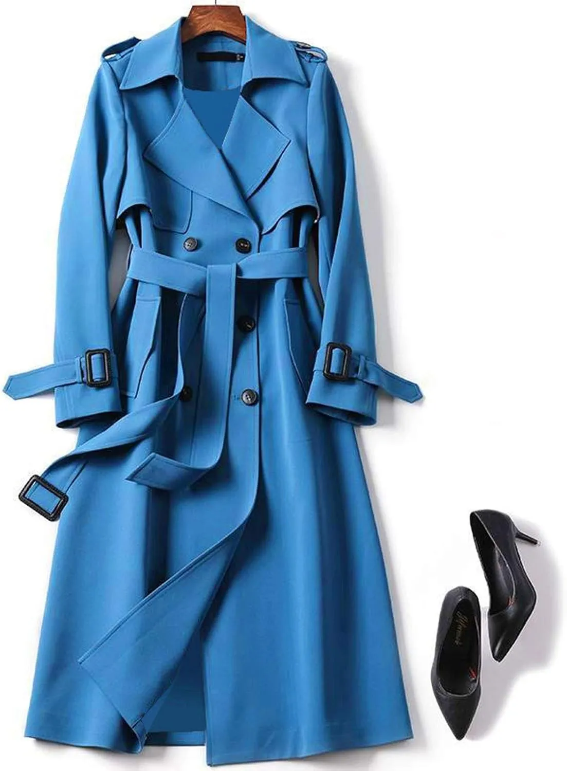 Women's Double Breasted Long Trench Coat Belted Notch Lapel Overcoat Windproof Classic Outerwear