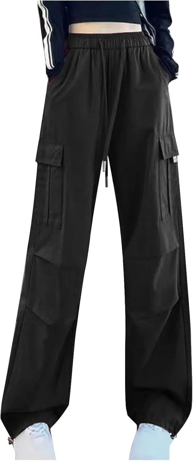 Women's Elastic High Waist Cargo Pants Straight Wide Leg Trouser Baggy Stretchy Quick Dry Sweatpants 6 Pockets Jogger