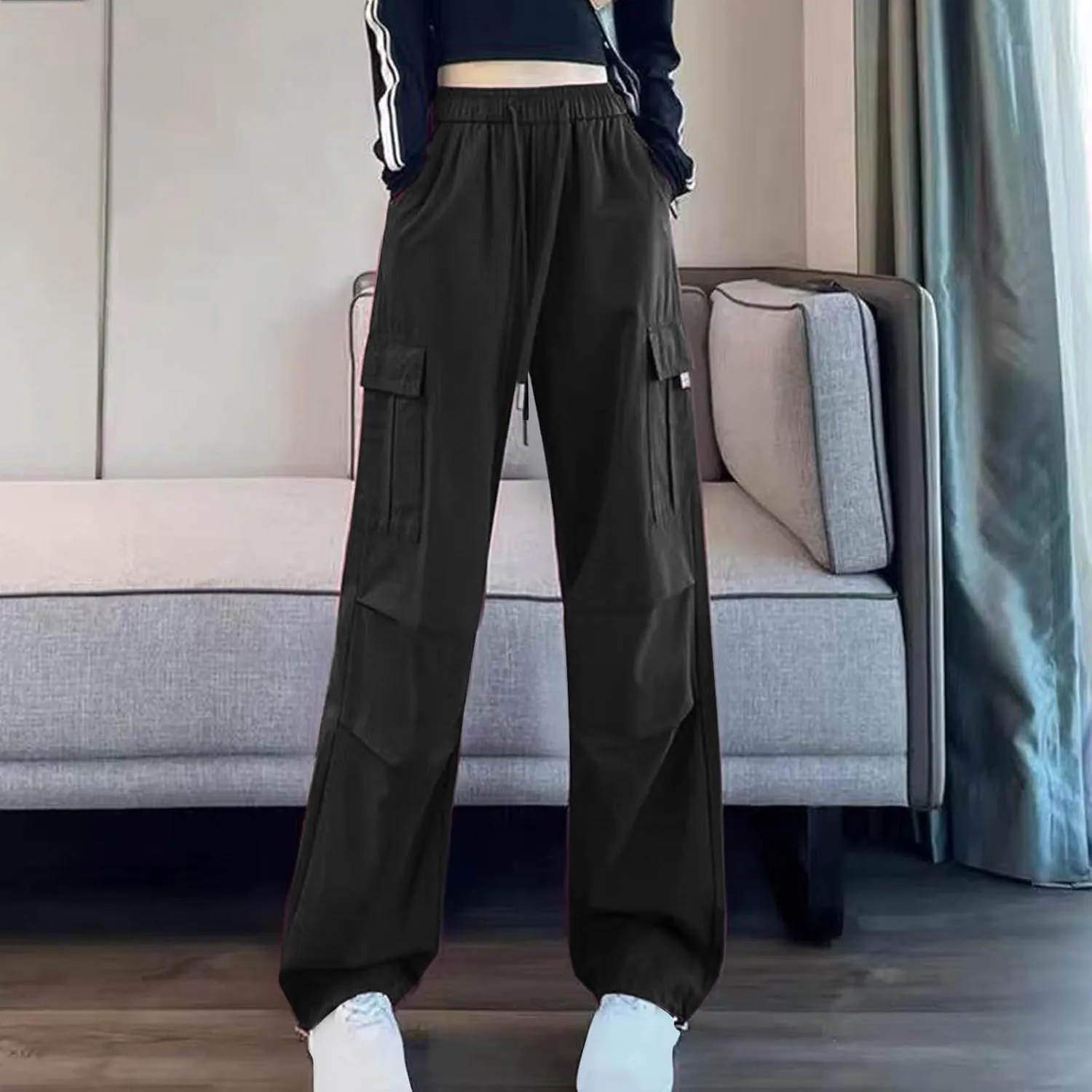 Women's Elastic High Waist Cargo Pants Straight Wide Leg Trouser Baggy Stretchy Quick Dry Sweatpants 6 Pockets Jogger