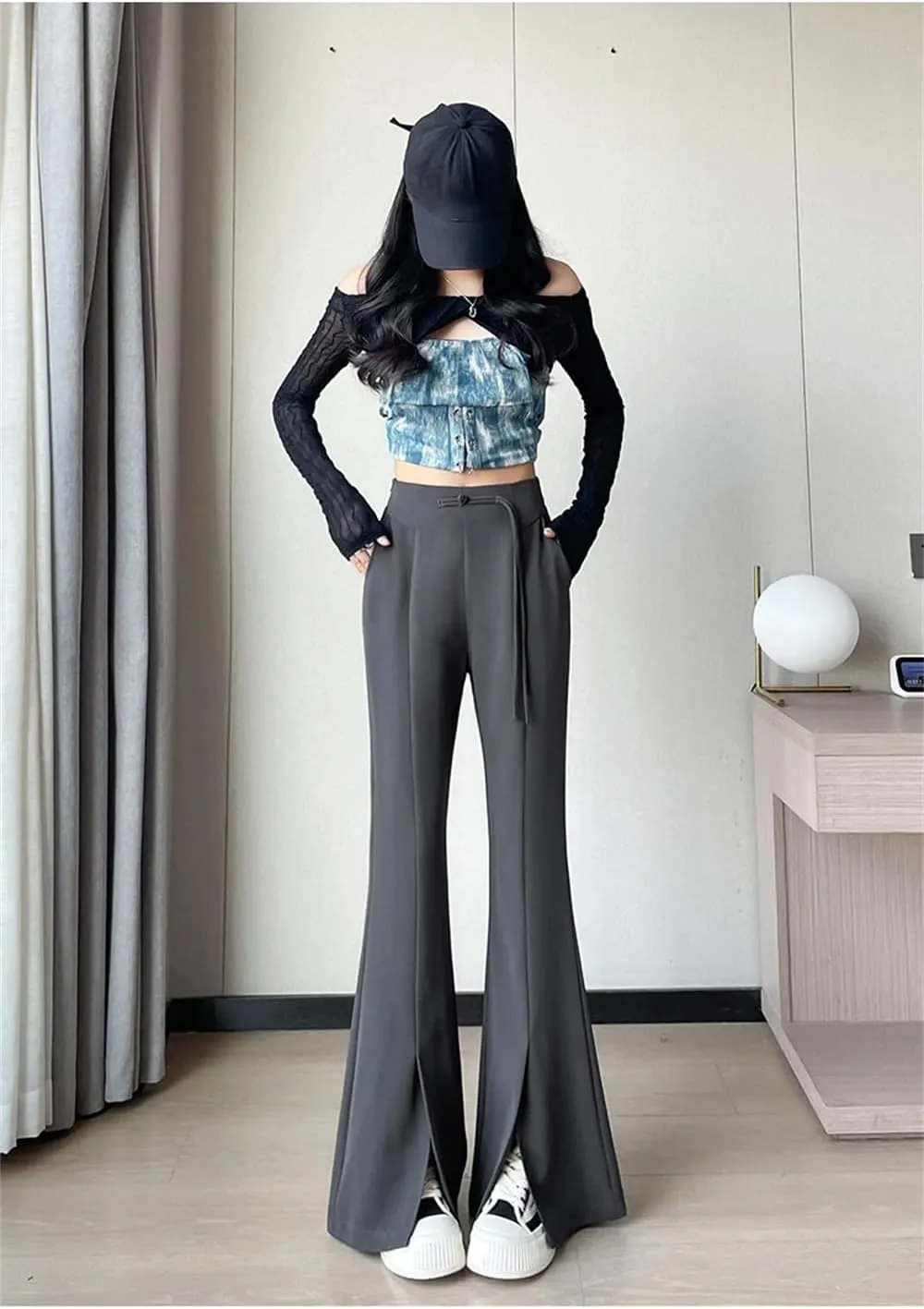 Women's High Waist Suit Wide Leg Full Pants Summer Elegant Buttons Straight Loose Trousers