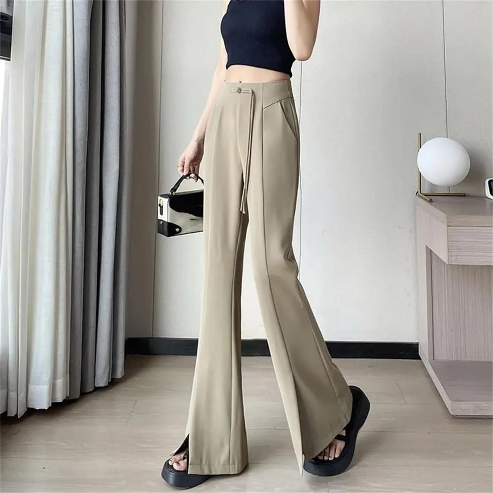 Women's High Waist Suit Wide Leg Full Pants Summer Elegant Buttons Straight Loose Trousers