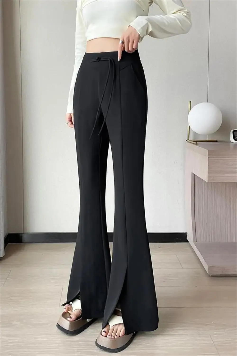 Women's High Waist Suit Wide Leg Full Pants Summer Elegant Buttons Straight Loose Trousers