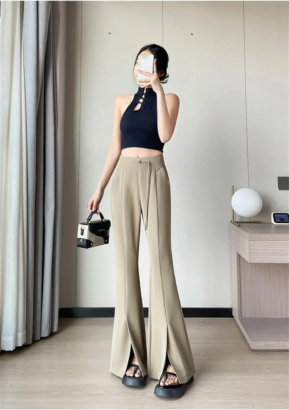 Women's High Waist Suit Wide Leg Full Pants Summer Elegant Buttons Straight Loose Trousers