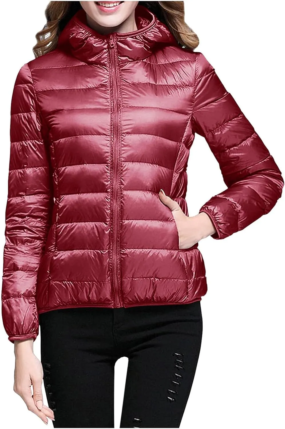 Women's Hooded Packable Ultra Light Weight Short Down Jacket Full-Zip Short Puffer Jackets