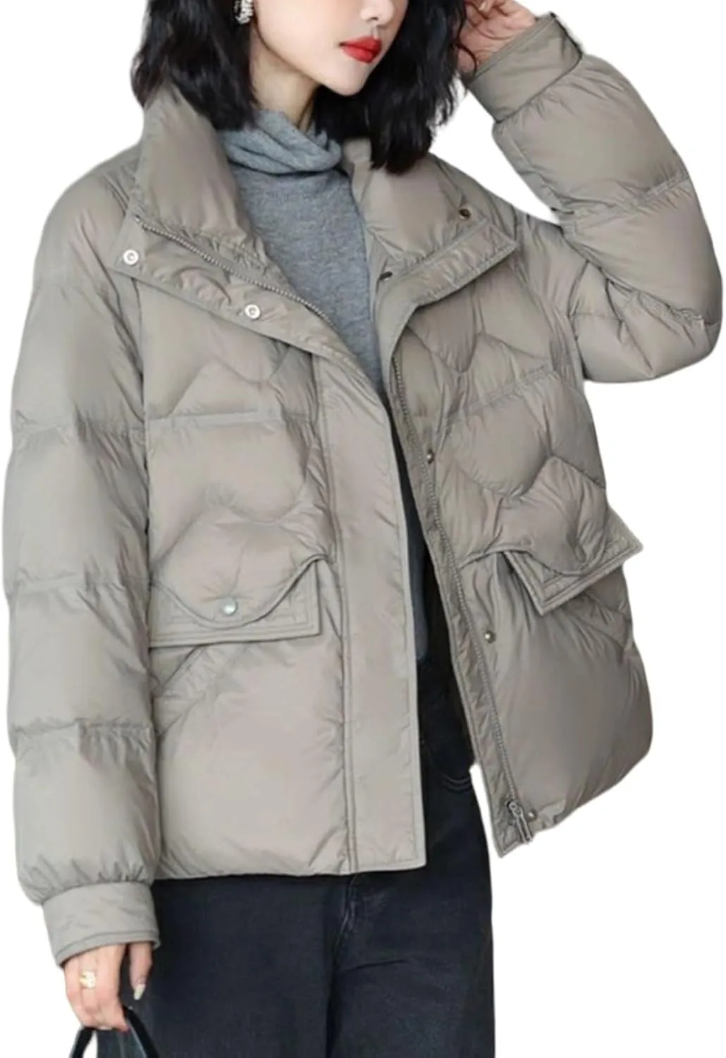 Women's Short Duck Down Jacket Long Sleeve Zip Puffer Jacket Elegant Warm Quilted Coat with Pockets