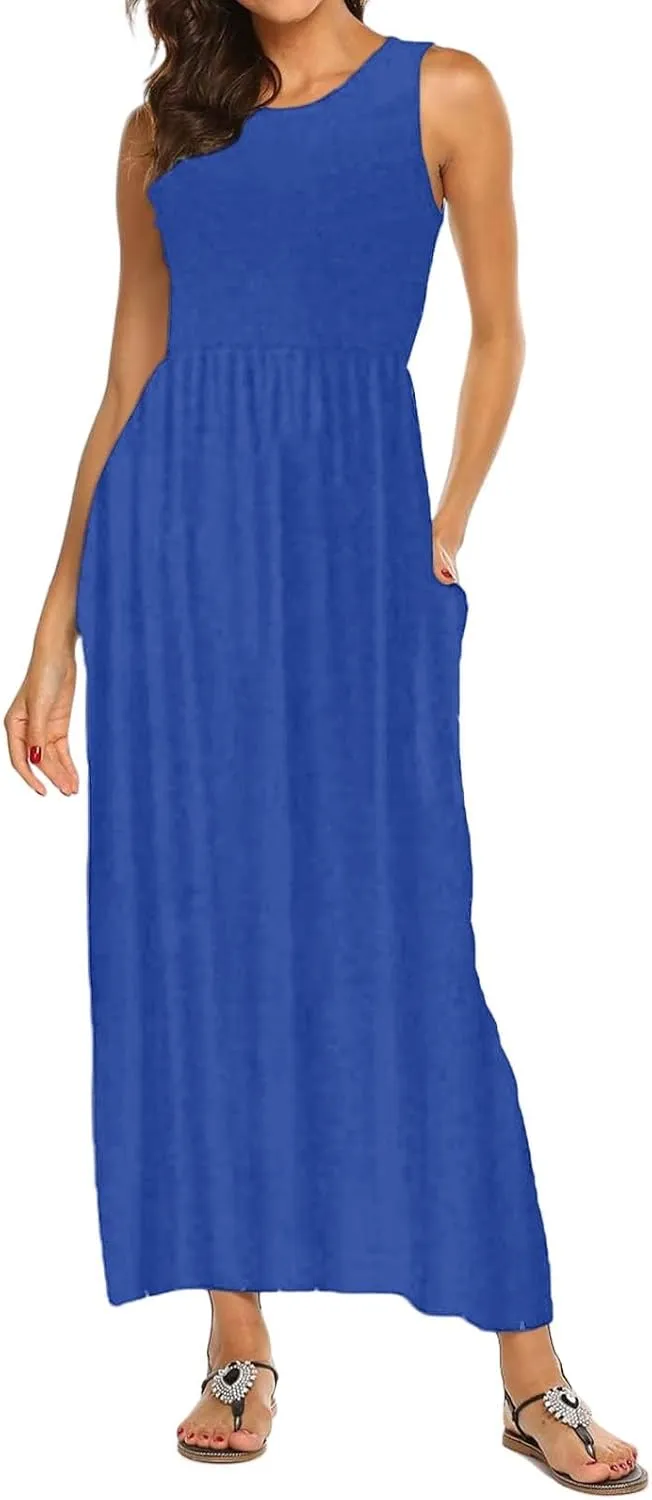 Women's Sleeveless Maxi Dress Patchwork Tank Top Flowy Dress Summer Pleated Long Sundress with Pockets