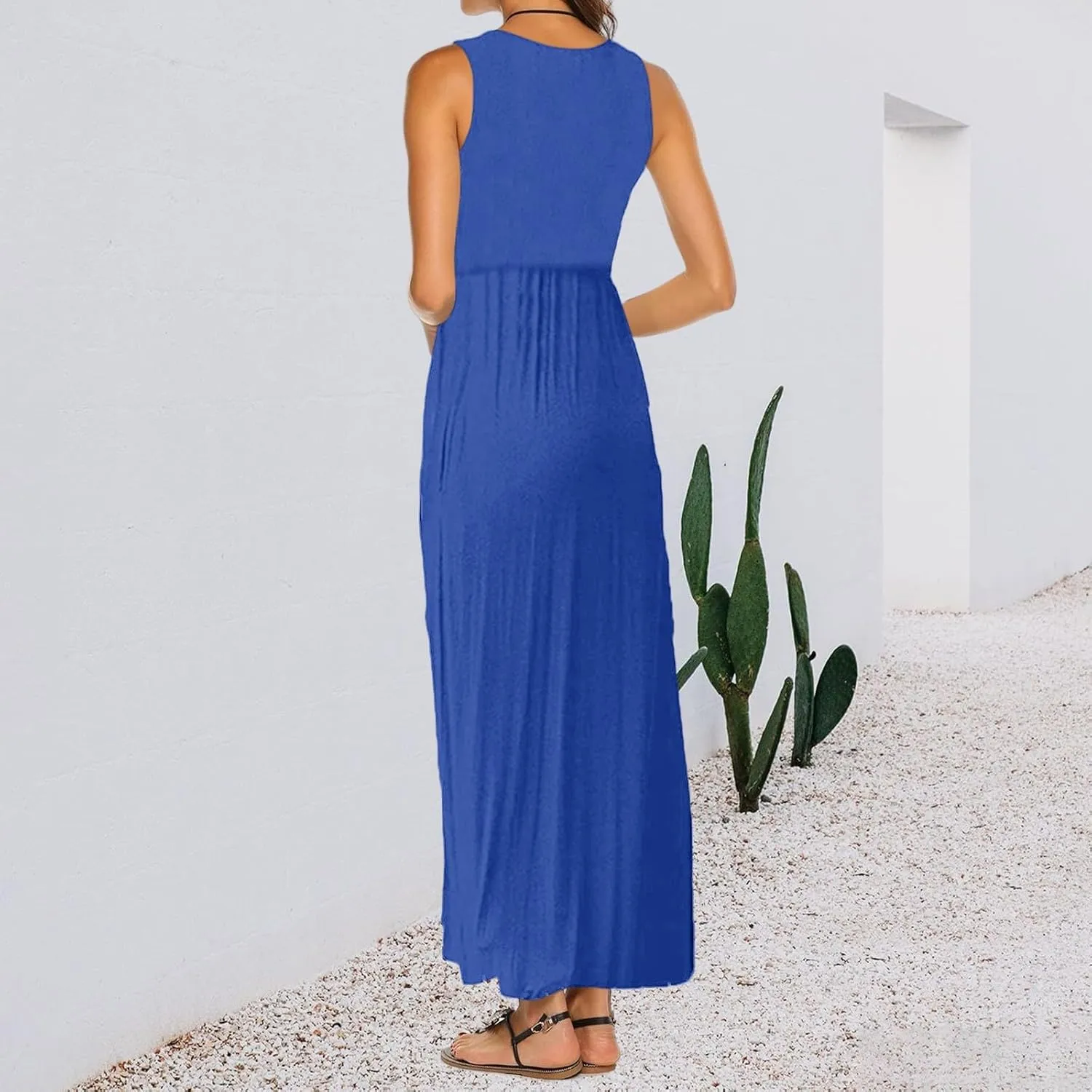 Women's Sleeveless Maxi Dress Patchwork Tank Top Flowy Dress Summer Pleated Long Sundress with Pockets