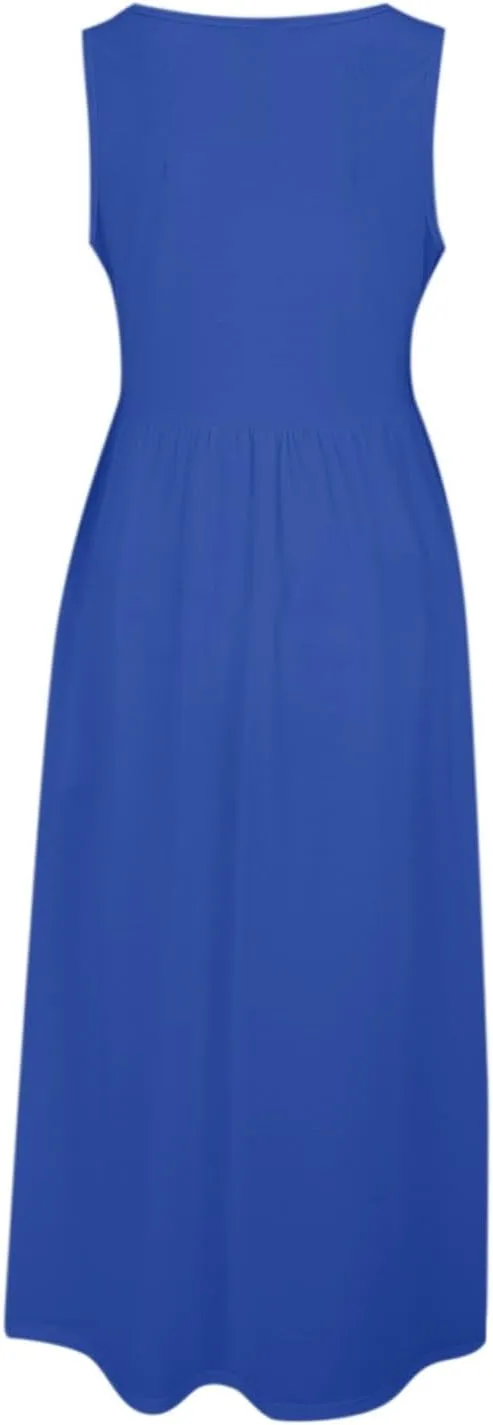 Women's Sleeveless Maxi Dress Patchwork Tank Top Flowy Dress Summer Pleated Long Sundress with Pockets