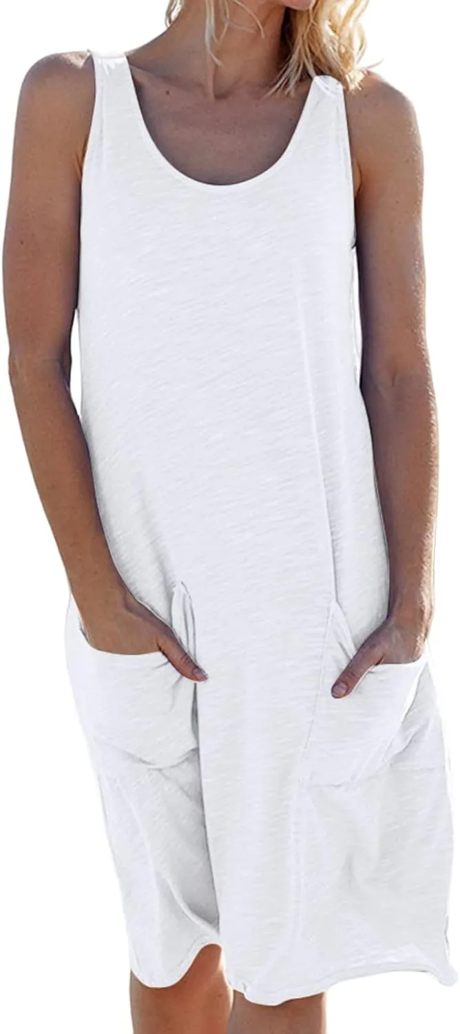 Womens Summer Beach Dress Casual Sleeveless Tank Dress Crewneck Sexy Midi Dress Beach Cover Up Plain Sundress