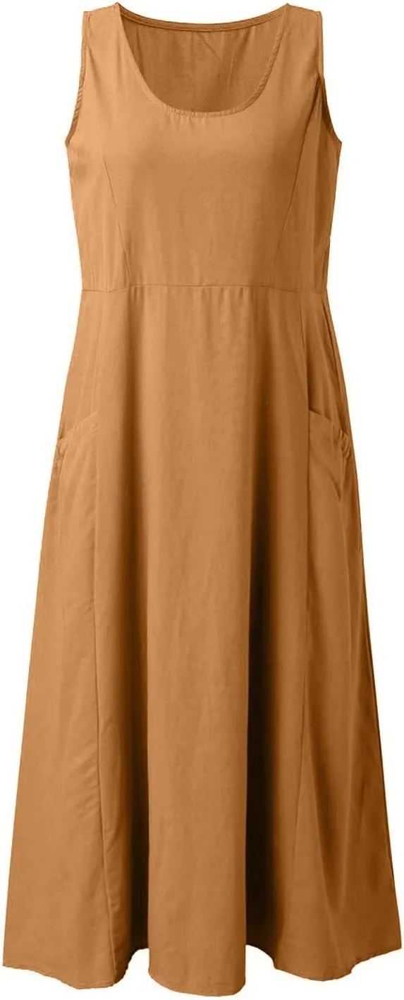 Women's Summer Cotton Linen Dress Sleeveless Elegant Flowy Dresses 2025 Plus Size Loose Comfy Dress with Pockets
