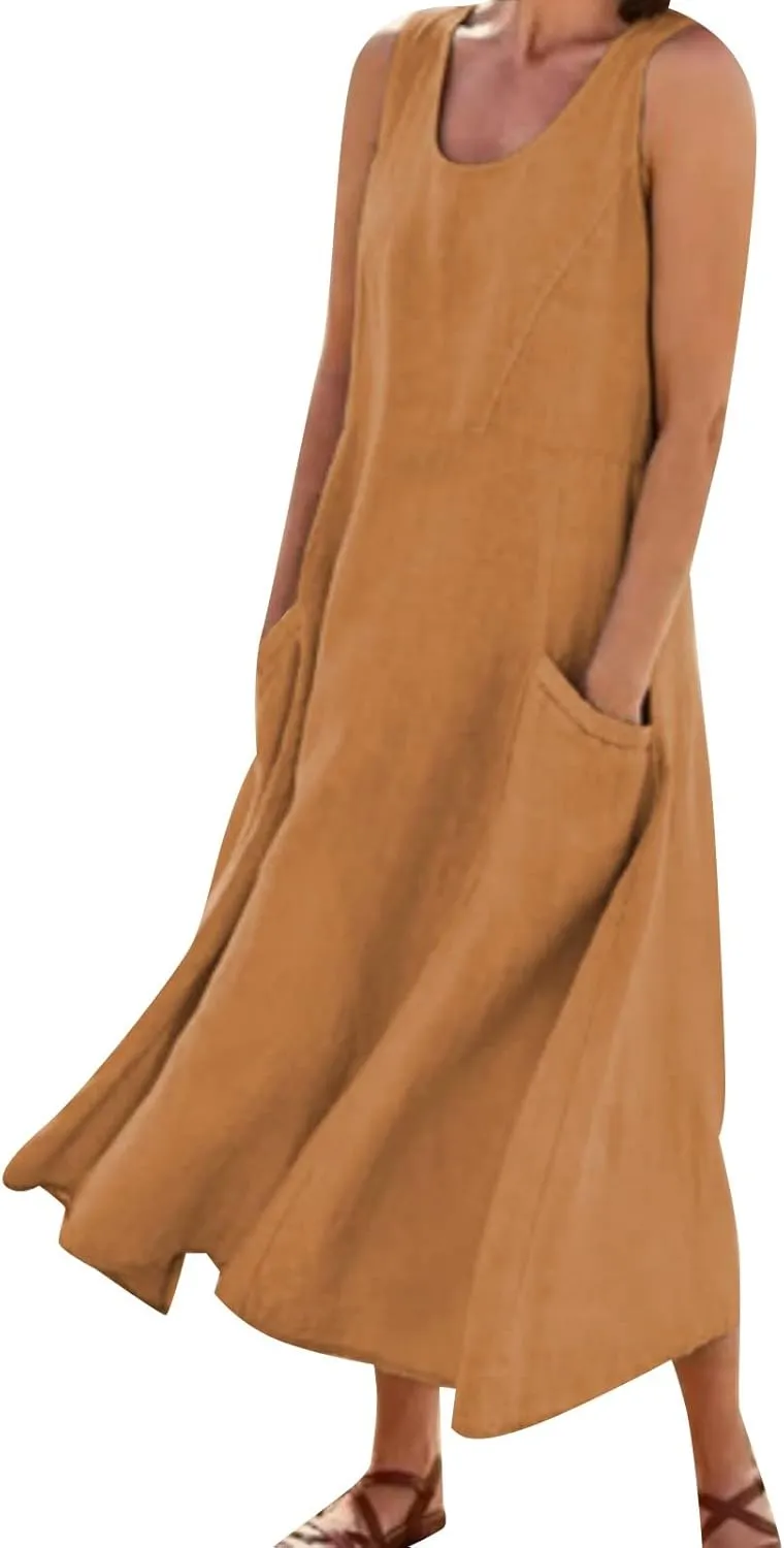 Women's Summer Cotton Linen Dress Sleeveless Elegant Flowy Dresses 2025 Plus Size Loose Comfy Dress with Pockets
