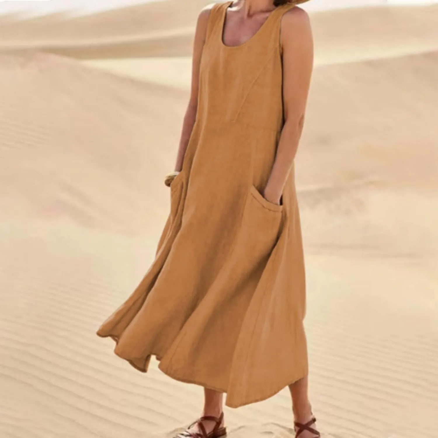 Women's Summer Cotton Linen Dress Sleeveless Elegant Flowy Dresses 2025 Plus Size Loose Comfy Dress with Pockets