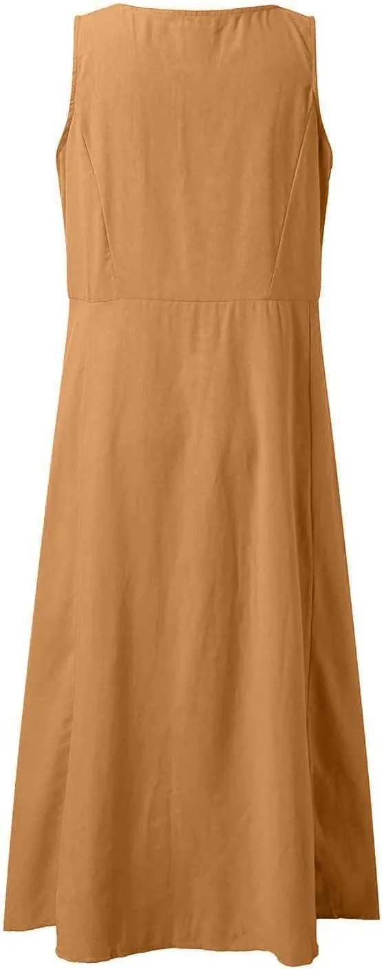 Women's Summer Cotton Linen Dress Sleeveless Elegant Flowy Dresses 2025 Plus Size Loose Comfy Dress with Pockets