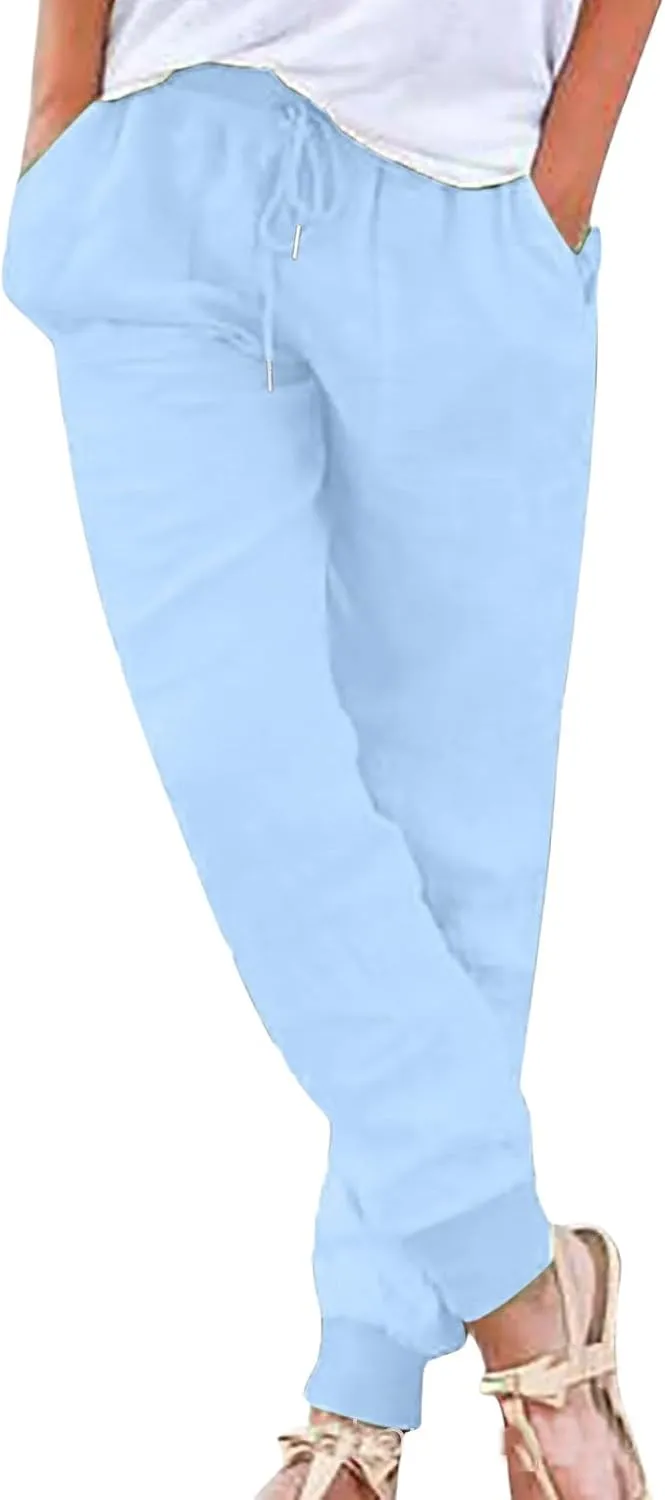 Womens Tapered Pant Summer Lightweight Cotton Linen Pants Drawstring Elastic Waist Loose Fit Casual Pant with Pockets