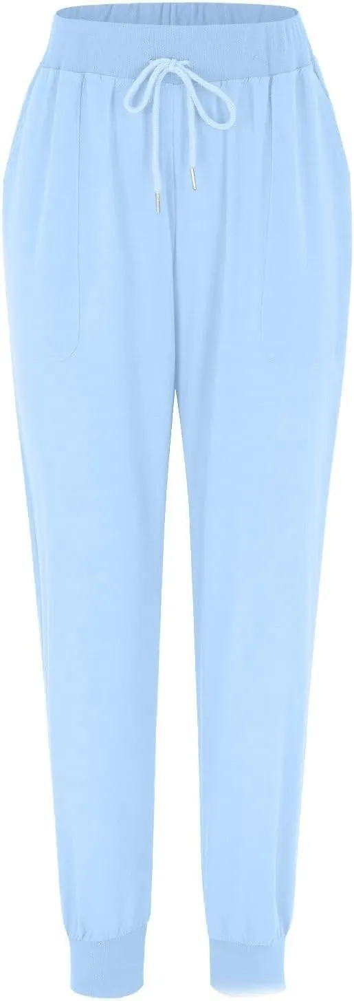 Womens Tapered Pant Summer Lightweight Cotton Linen Pants Drawstring Elastic Waist Loose Fit Casual Pant with Pockets