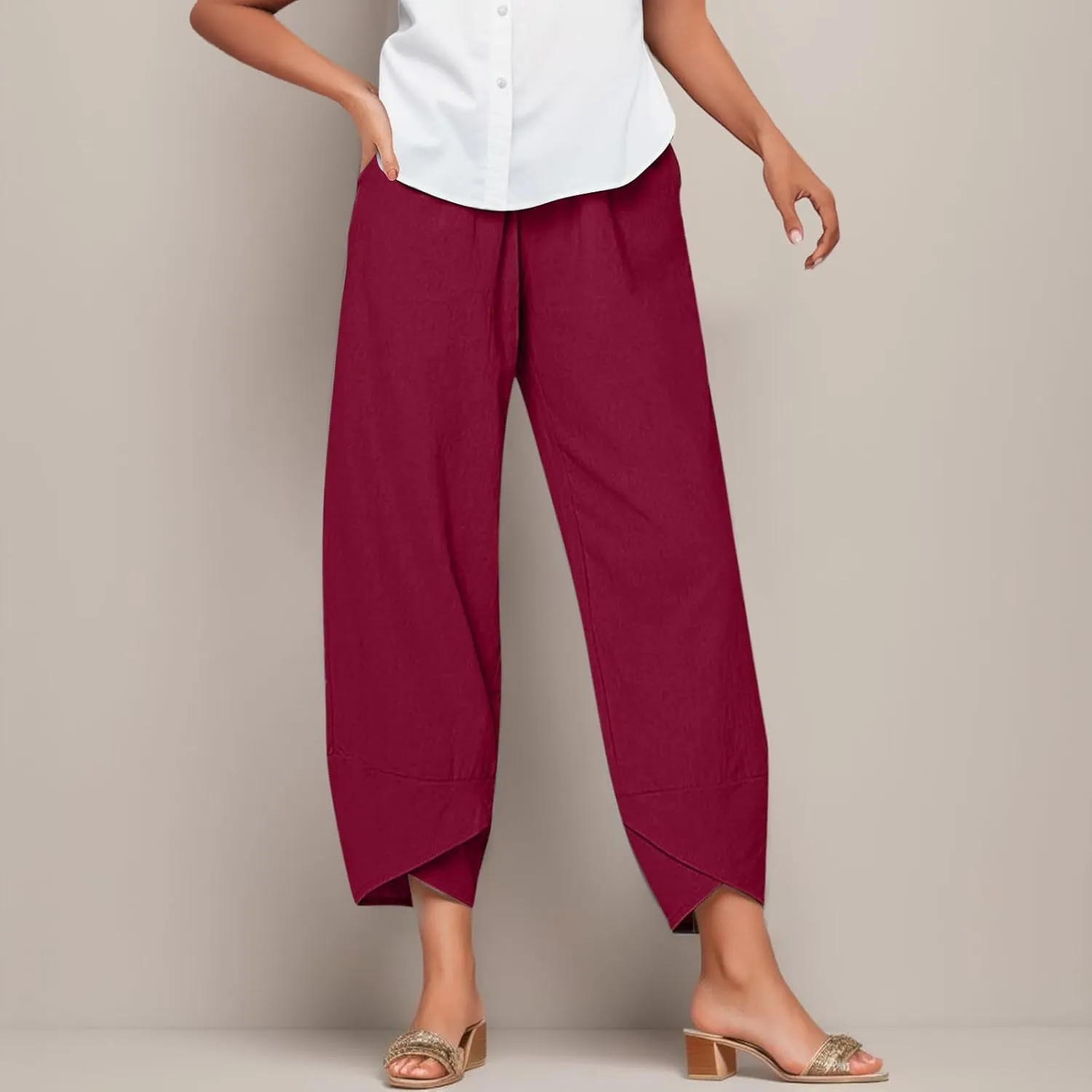 Women's Tulip Hem Linen Pants Elastic Waist Straight-Leg Loose Summer Pants Stretchy Casual Trousers with Pockets