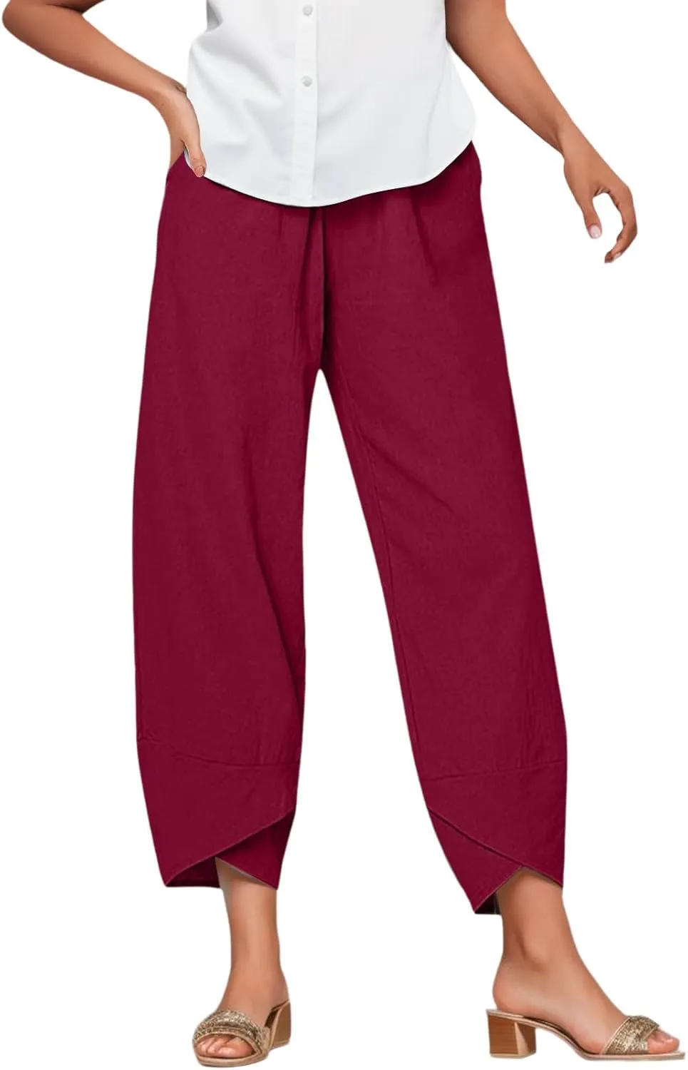 Women's Tulip Hem Linen Pants Elastic Waist Straight-Leg Loose Summer Pants Stretchy Casual Trousers with Pockets