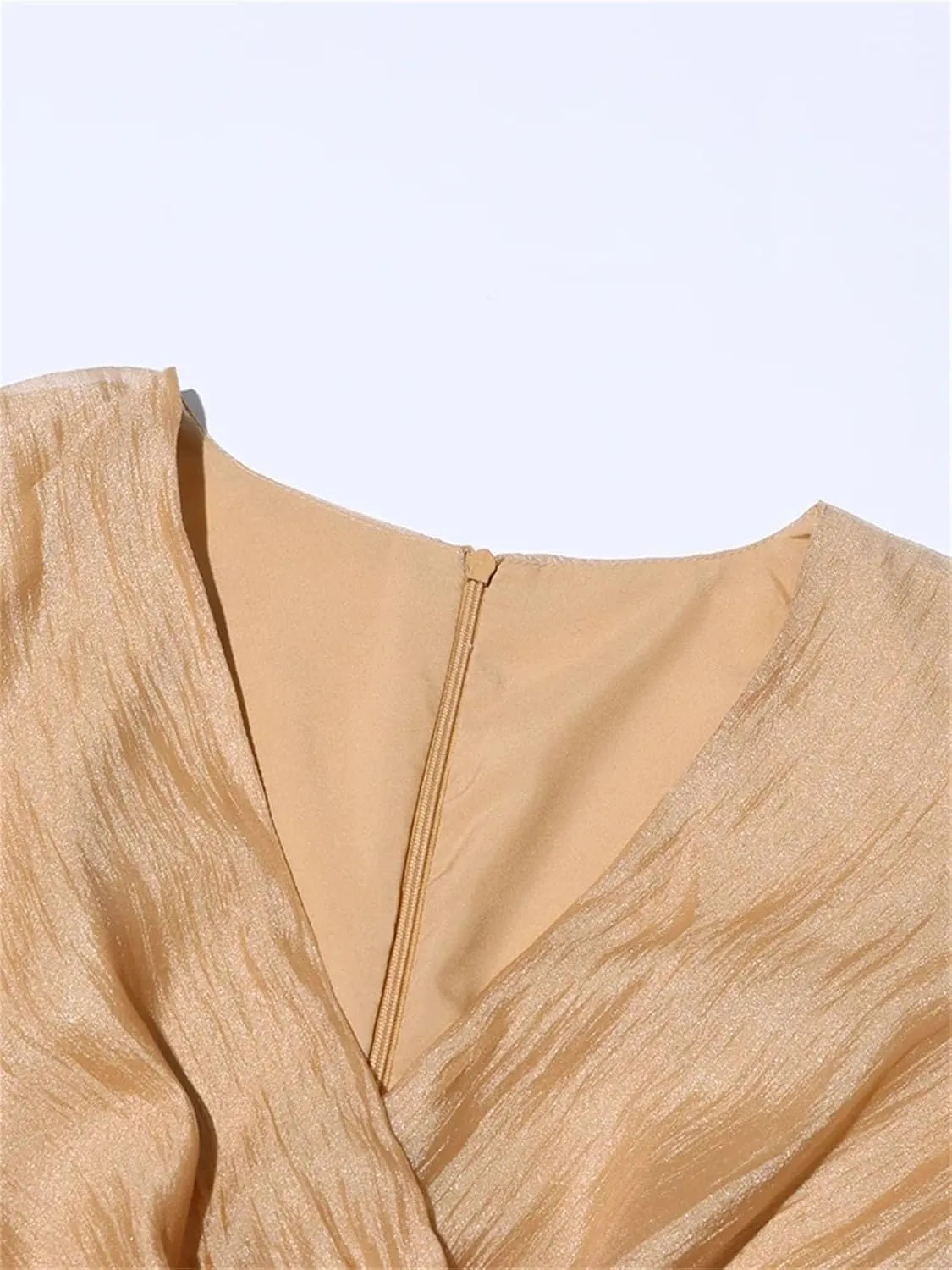 Women's V-Neck Lantern Sleeve High Waist Tie-Up Dress Elegant Splicing Zipper Long Skirt