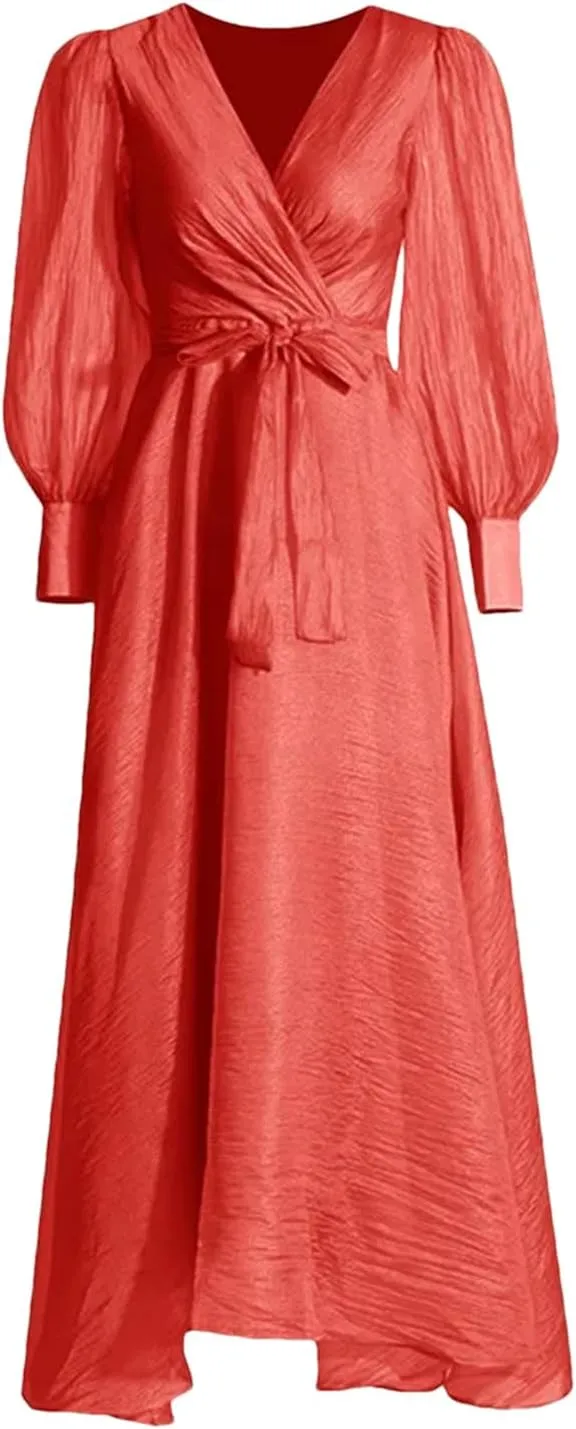 Women's V-Neck Lantern Sleeve High Waist Tie-Up Dress Elegant Splicing Zipper Long Skirt