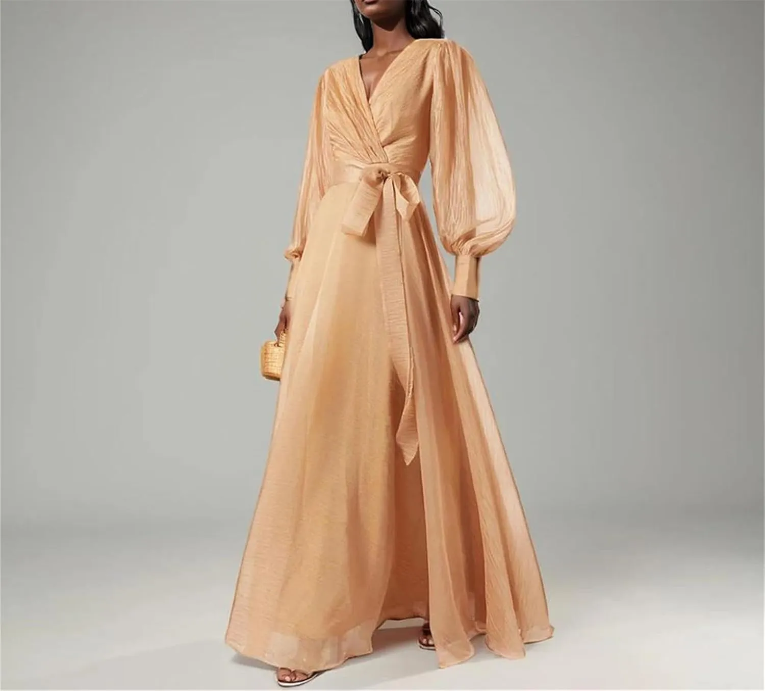 Women's V-Neck Lantern Sleeve High Waist Tie-Up Dress Elegant Splicing Zipper Long Skirt