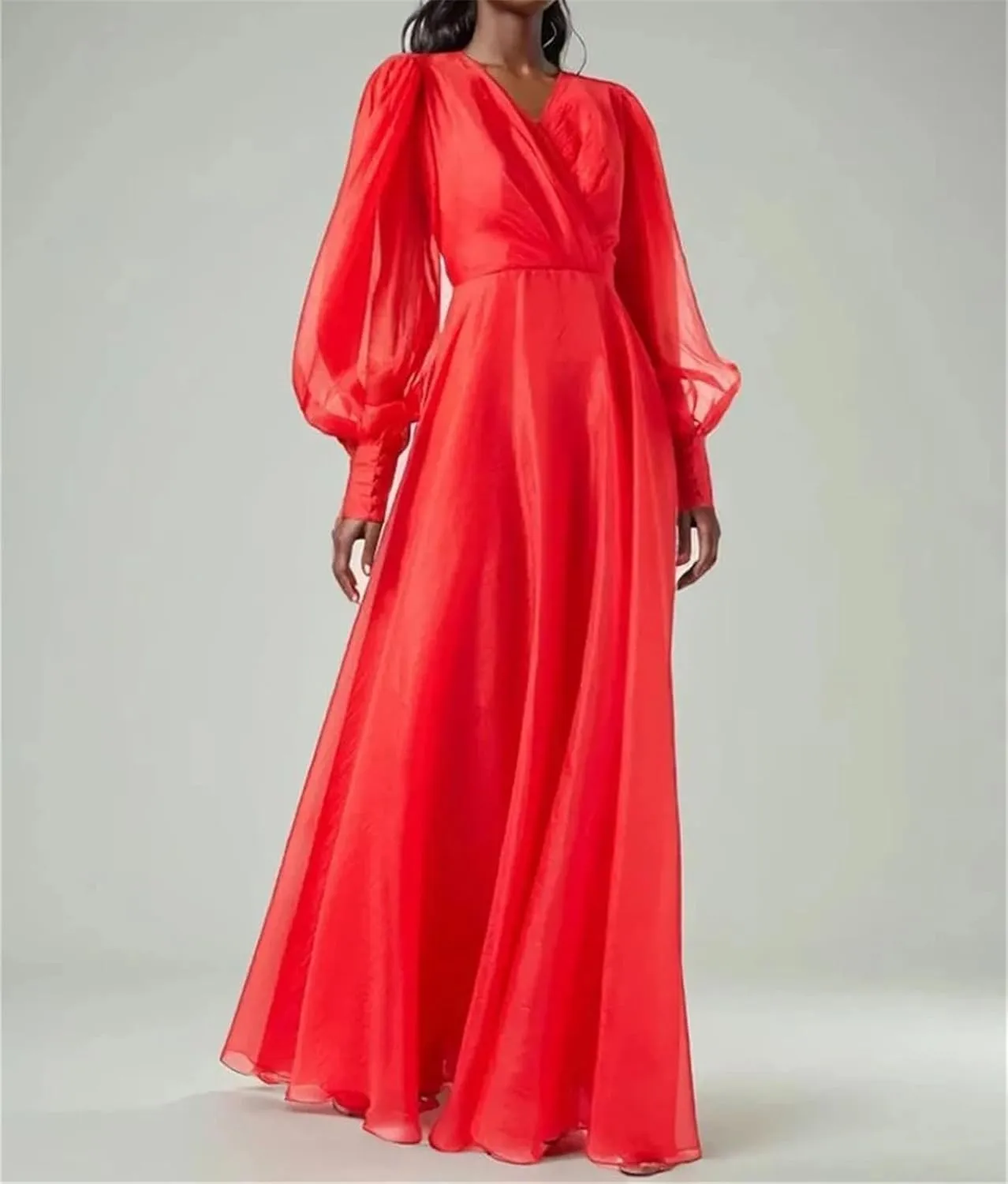 Women's V-Neck Lantern Sleeve High Waist Tie-Up Dress Elegant Splicing Zipper Long Skirt