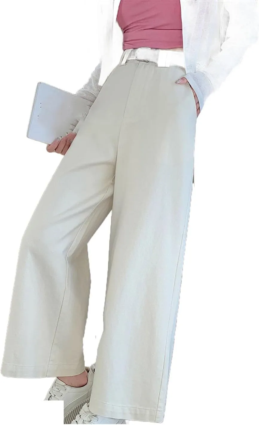 Women's Wilde Leg Pants with Belted High Waist Loose Elegant Ankle Length Trousers Female