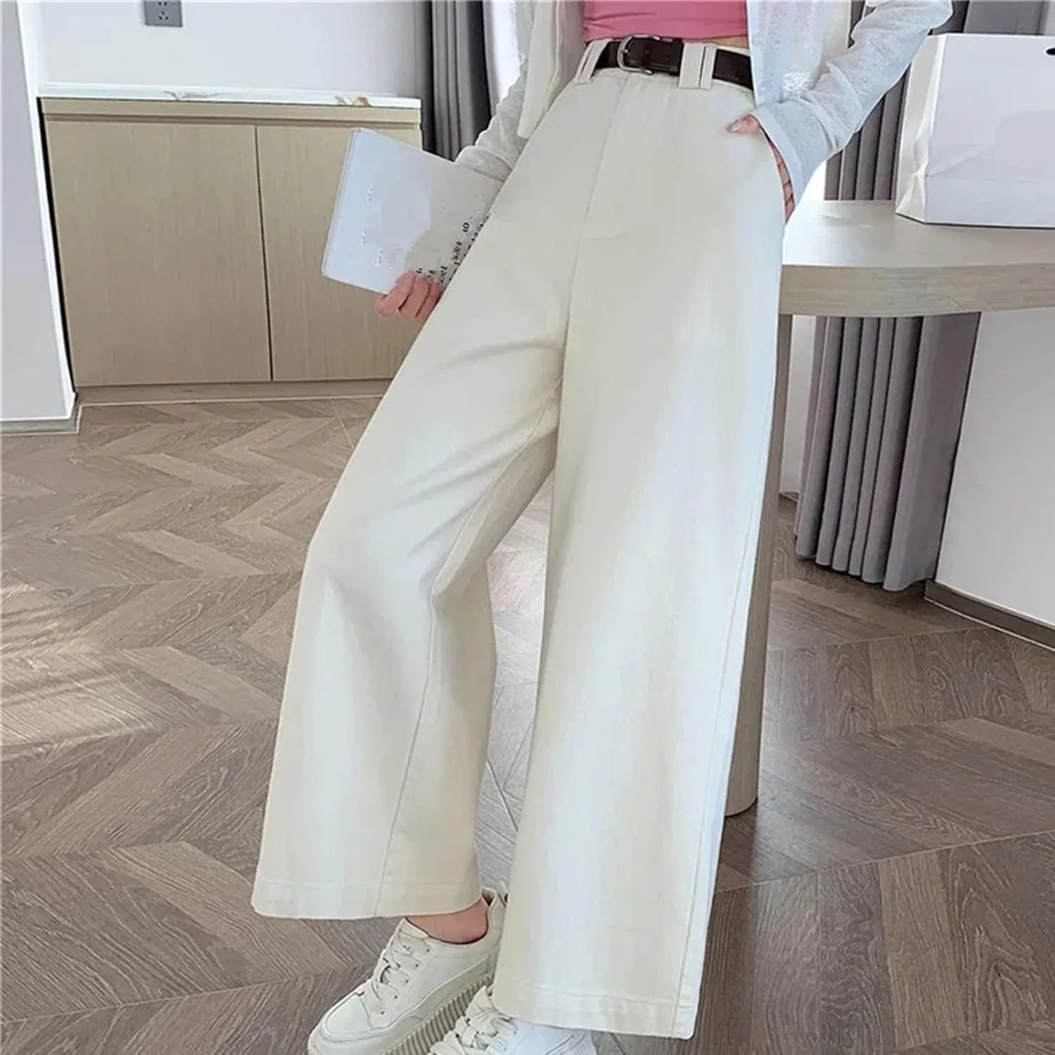 Women's Wilde Leg Pants with Belted High Waist Loose Elegant Ankle Length Trousers Female